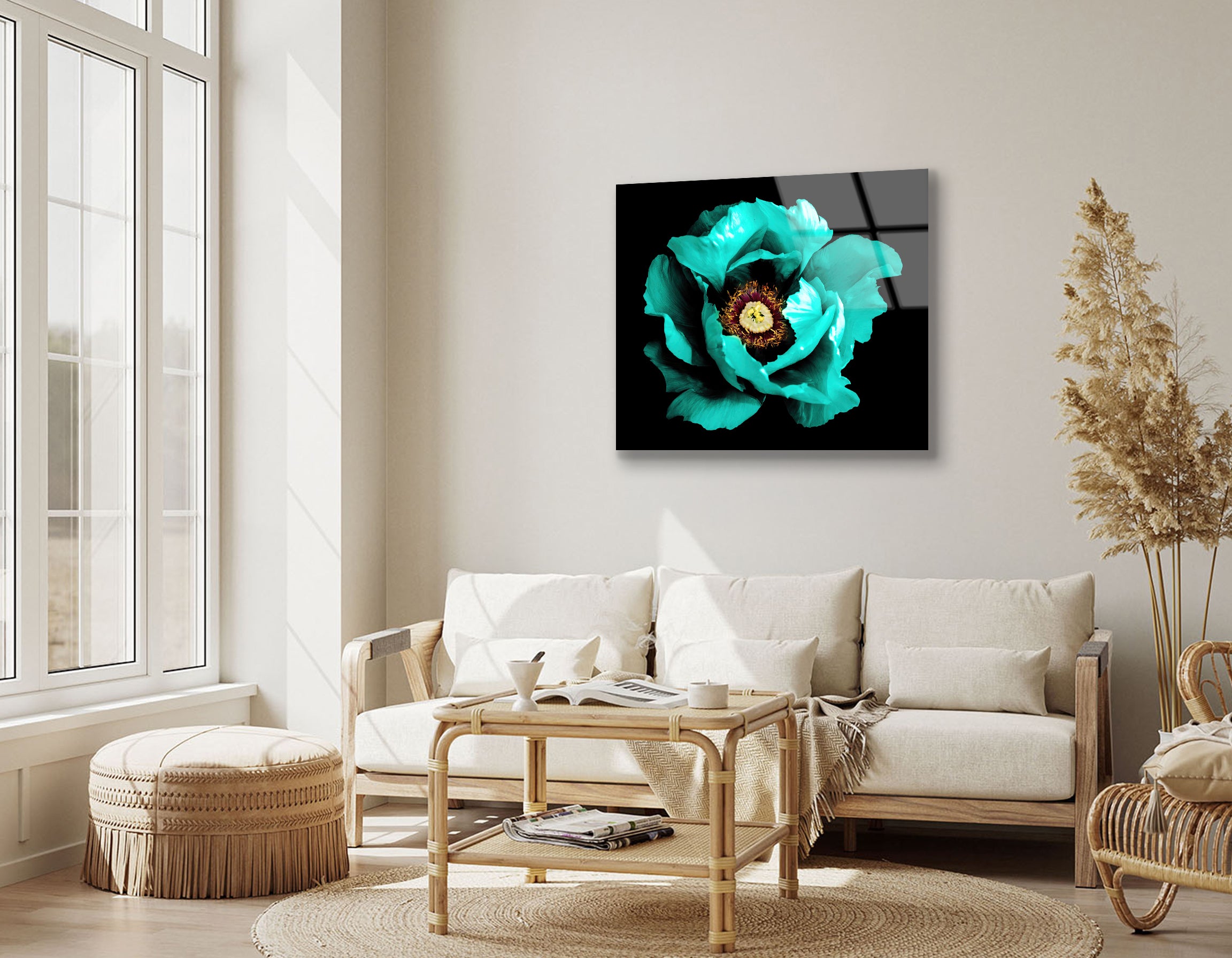 Surreal Dark Chrome Cyan Peony Flower | Premium HD Metal Wall Art
