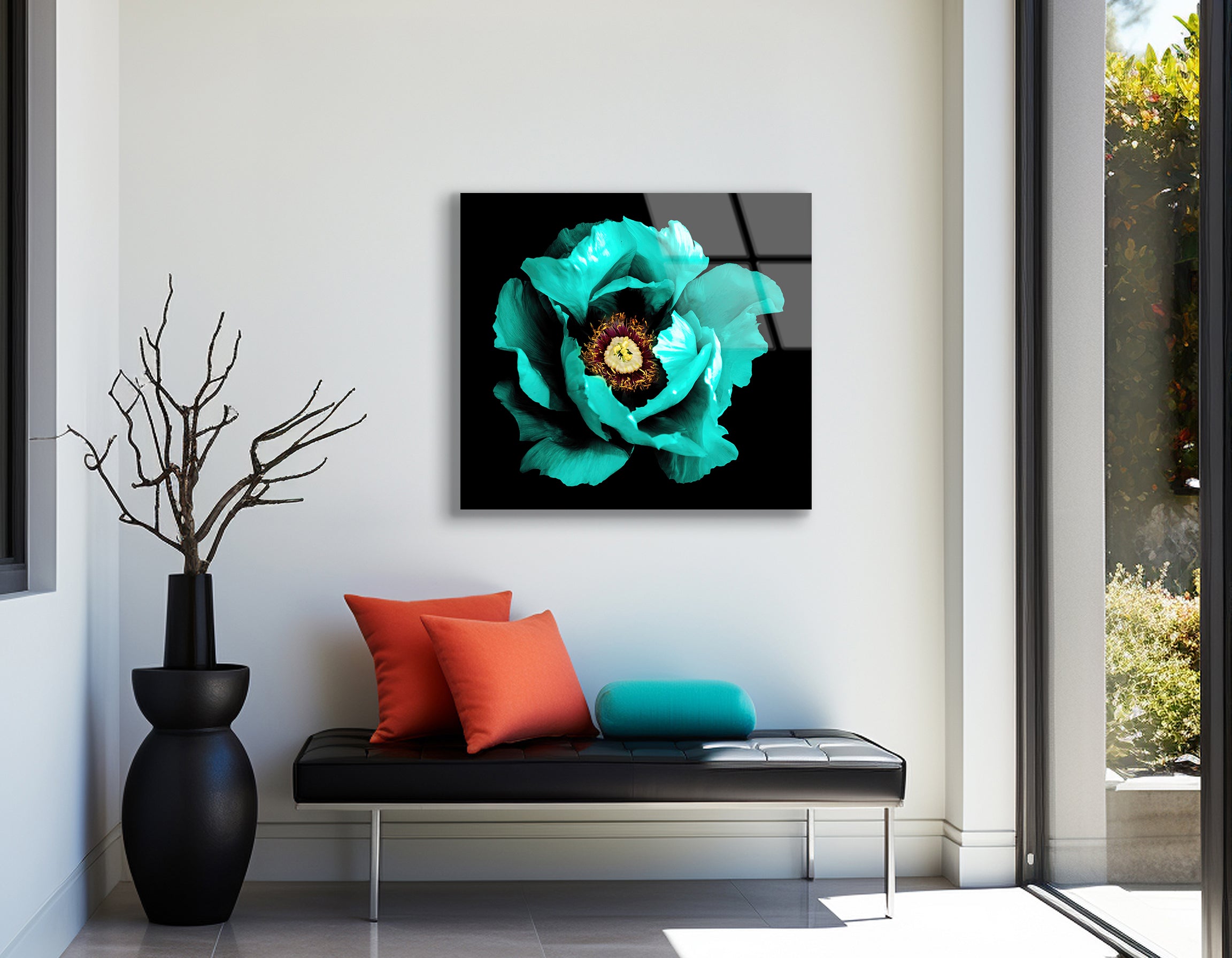 Surreal Dark Chrome Cyan Peony Flower | Premium HD Metal Wall Art