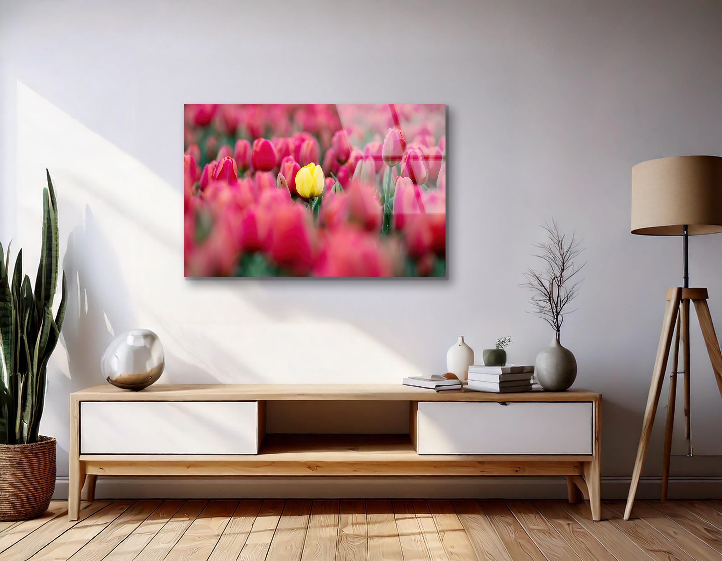 Field of Tulips with Bright Yellow Tulip | Premium HD Metal Wall Art