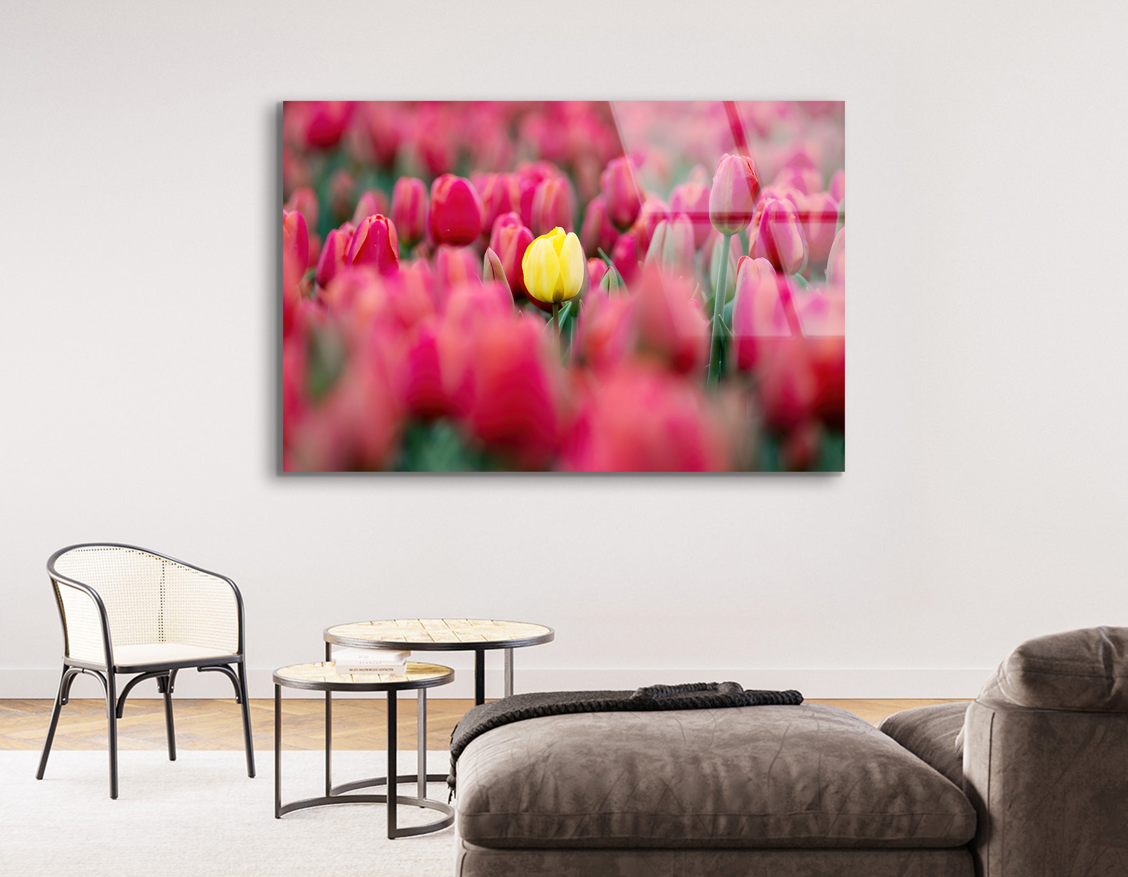 Field of Tulips with Bright Yellow Tulip | Premium HD Metal Wall Art