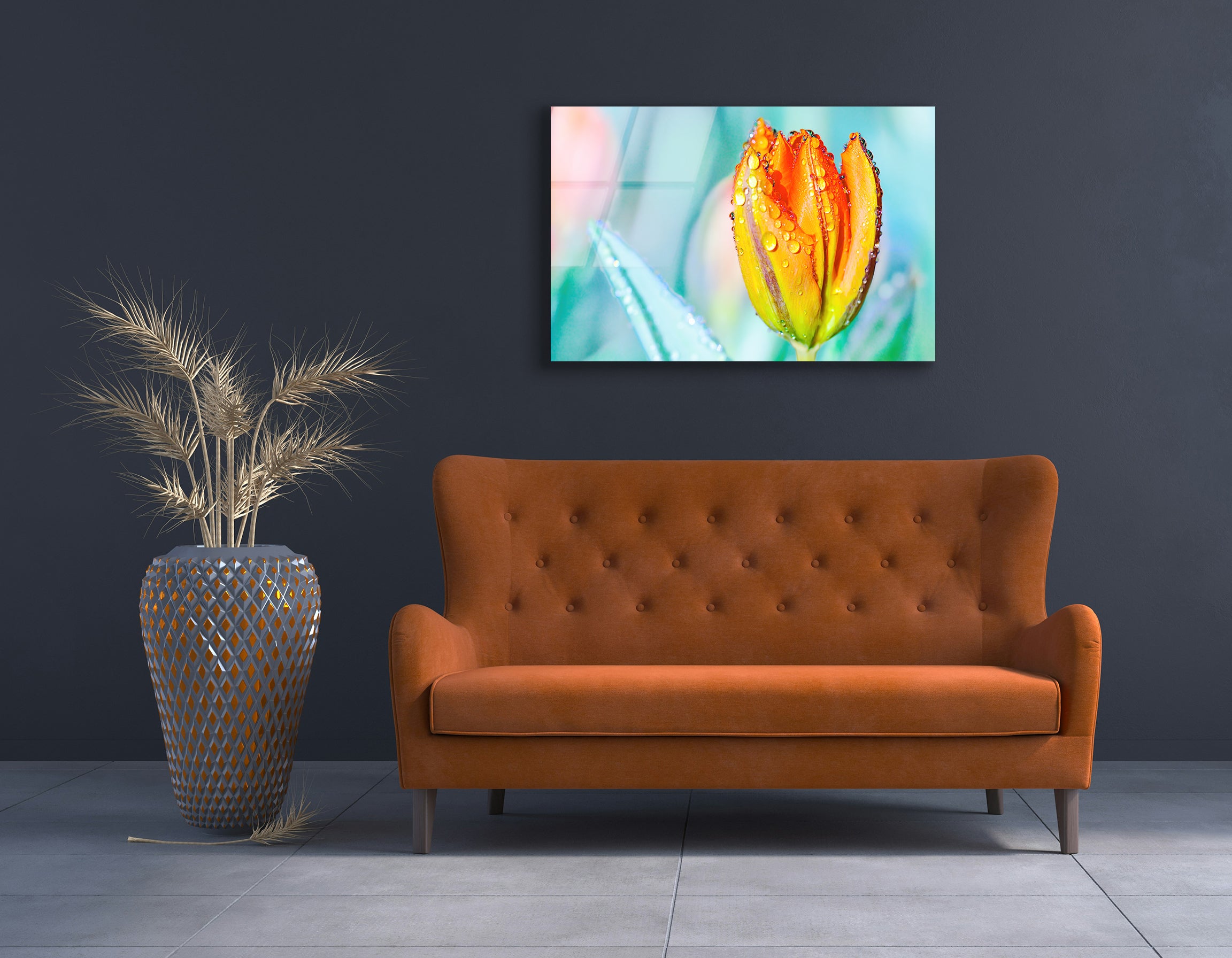 Orange Tulip with Water Drops | Premium HD Metal Wall Art