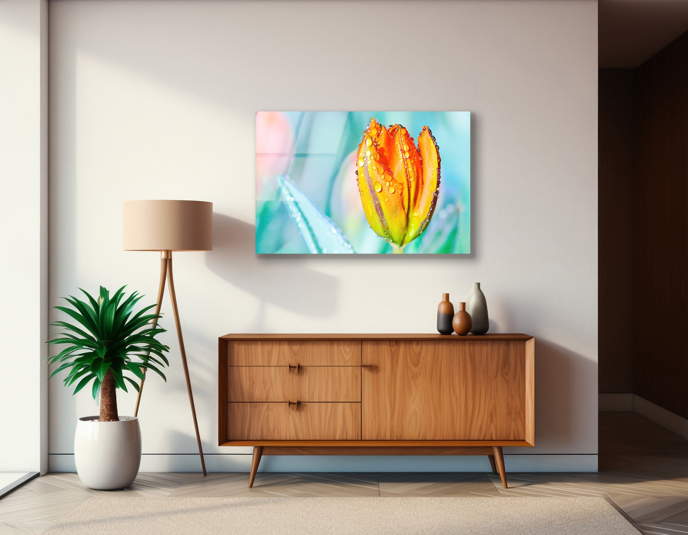 Orange Tulip with Water Drops | Premium HD Metal Wall Art