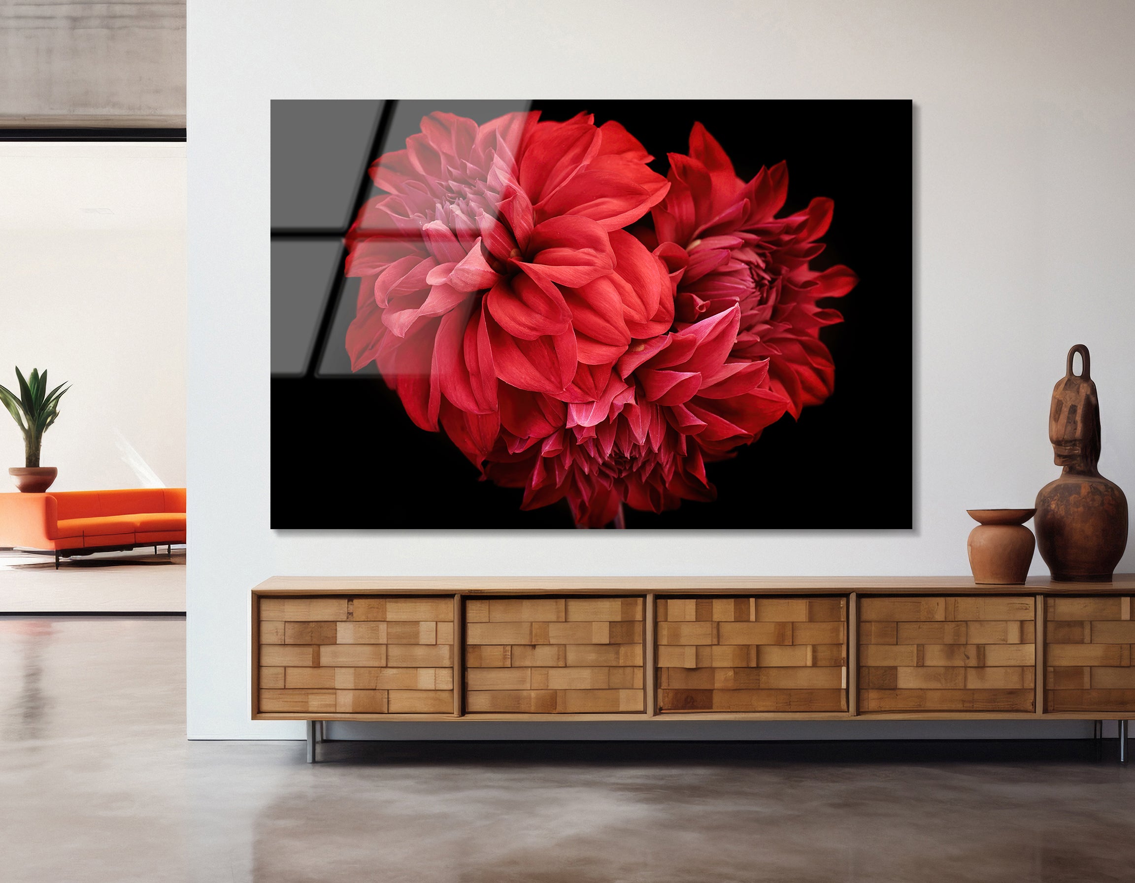 Red Dahlia Flowers and Buds Close-Up | Premium HD Metal Wall Art