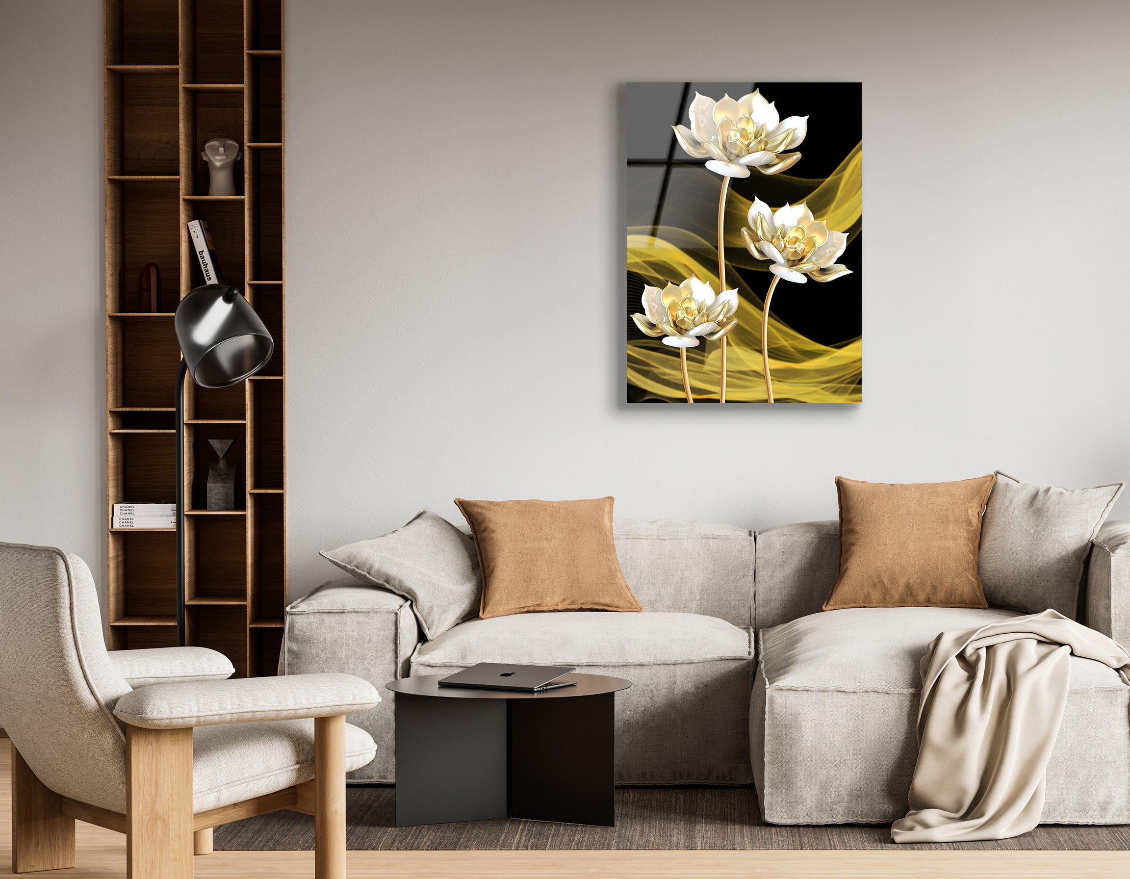 3D Chinese Flowers on Black Background | Premium HD Metal Wall Art