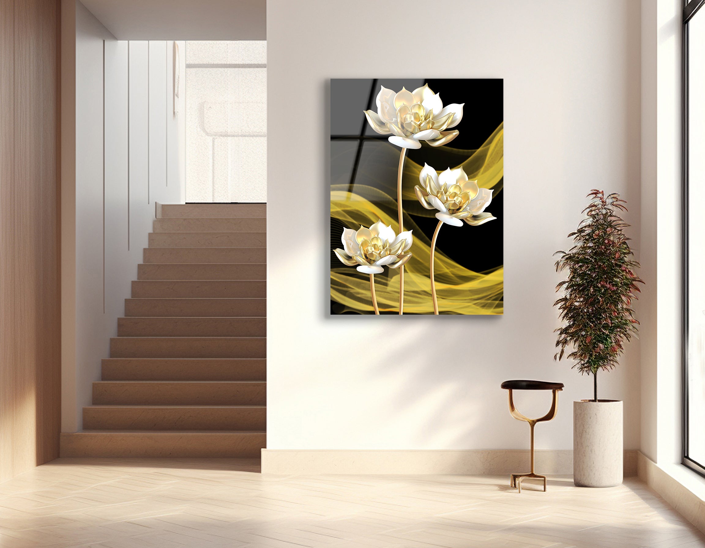 3D Chinese Flowers on Black Background | Premium HD Metal Wall Art