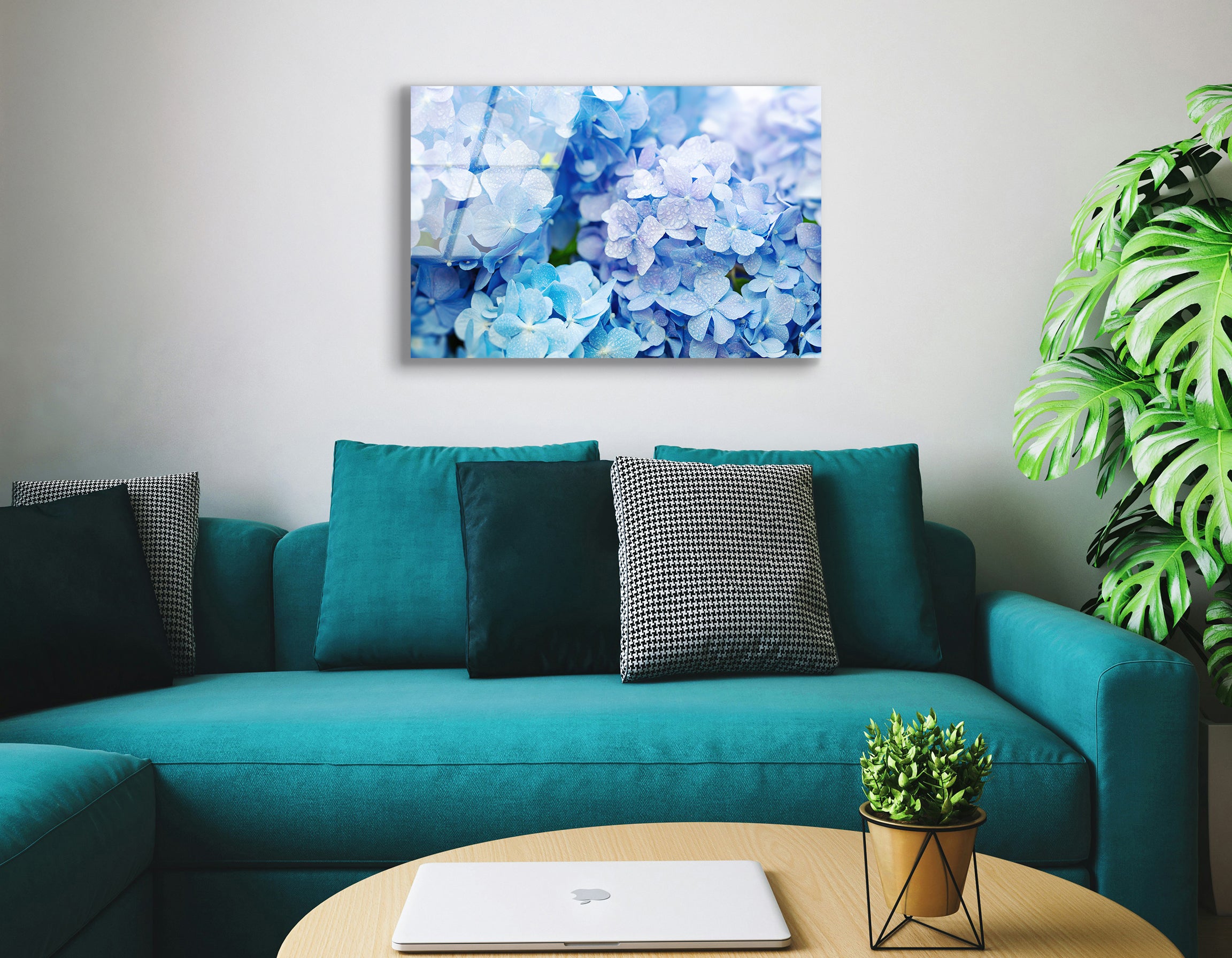 Blue Hydrangea Flower with Dew | Premium HD Metal Wall Art