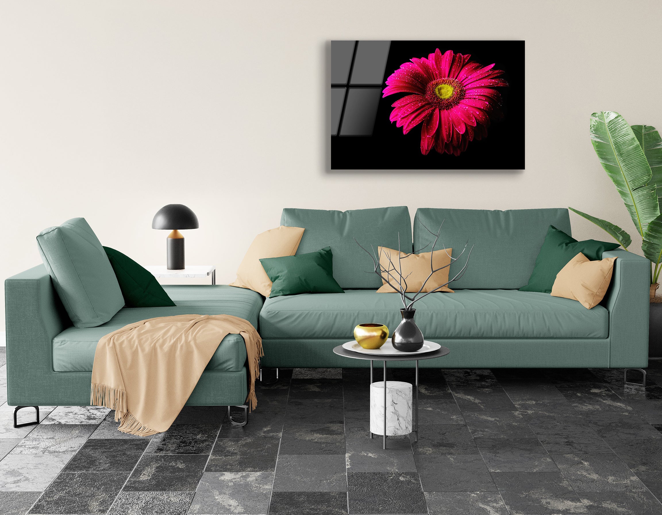 Gerbera Flower with Water Drops on Black Background | Premium HD Metal Wall Art
