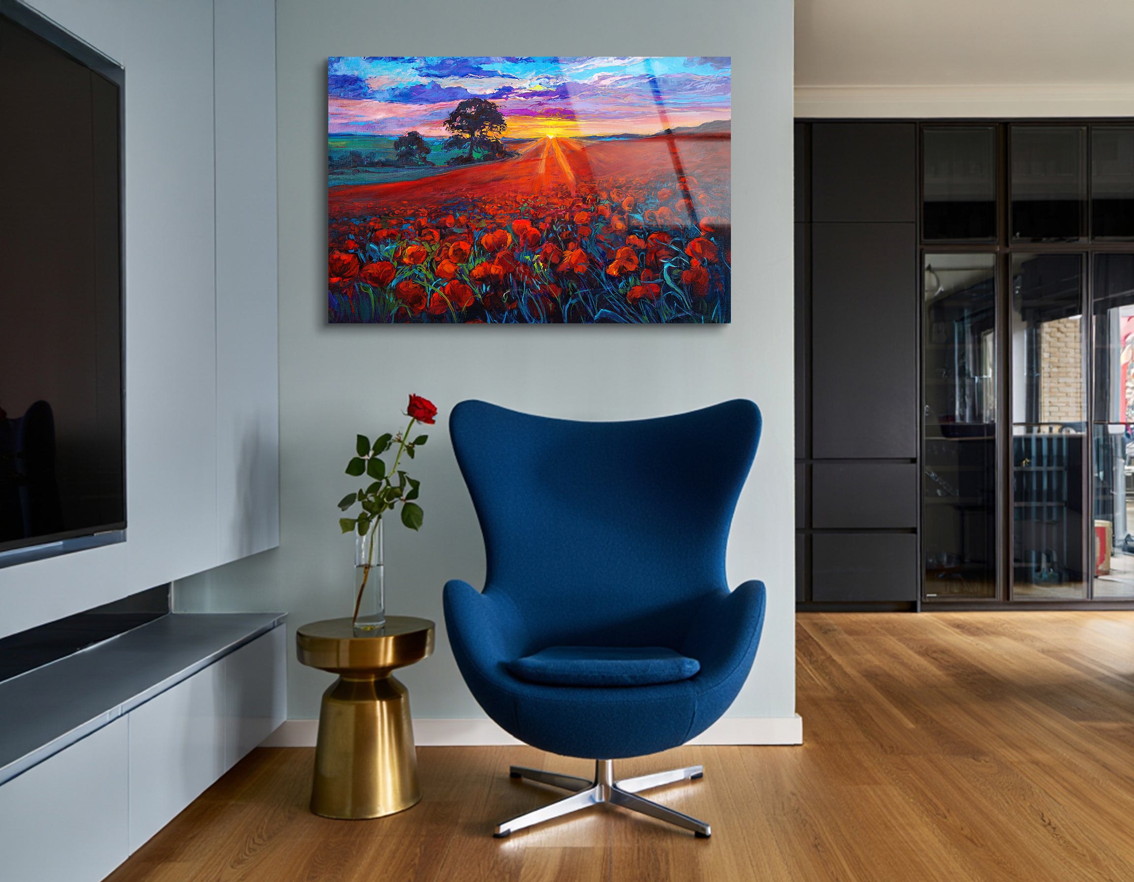 Oil Painting Opium Poppy Field at Sunset | Premium HD Metal Wall Art