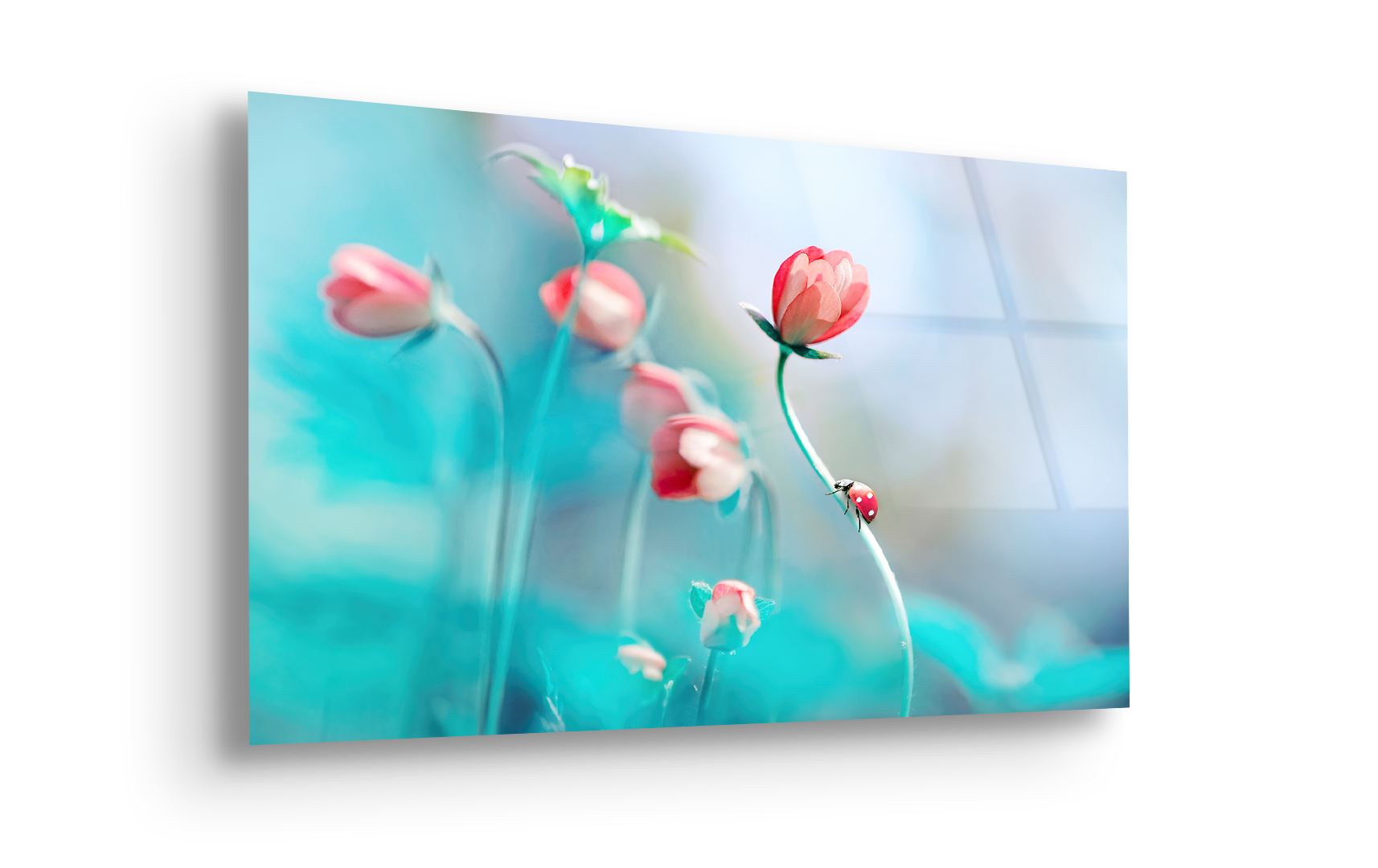 Pink Anemones & Ladybug in Spring | Premium HD Metal Wall Art