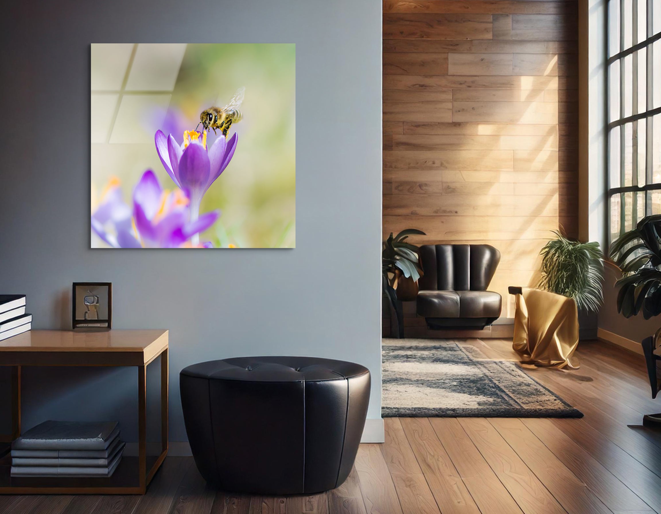 Honeybee on Purple Crocus | Premium HD Metal Wall Art