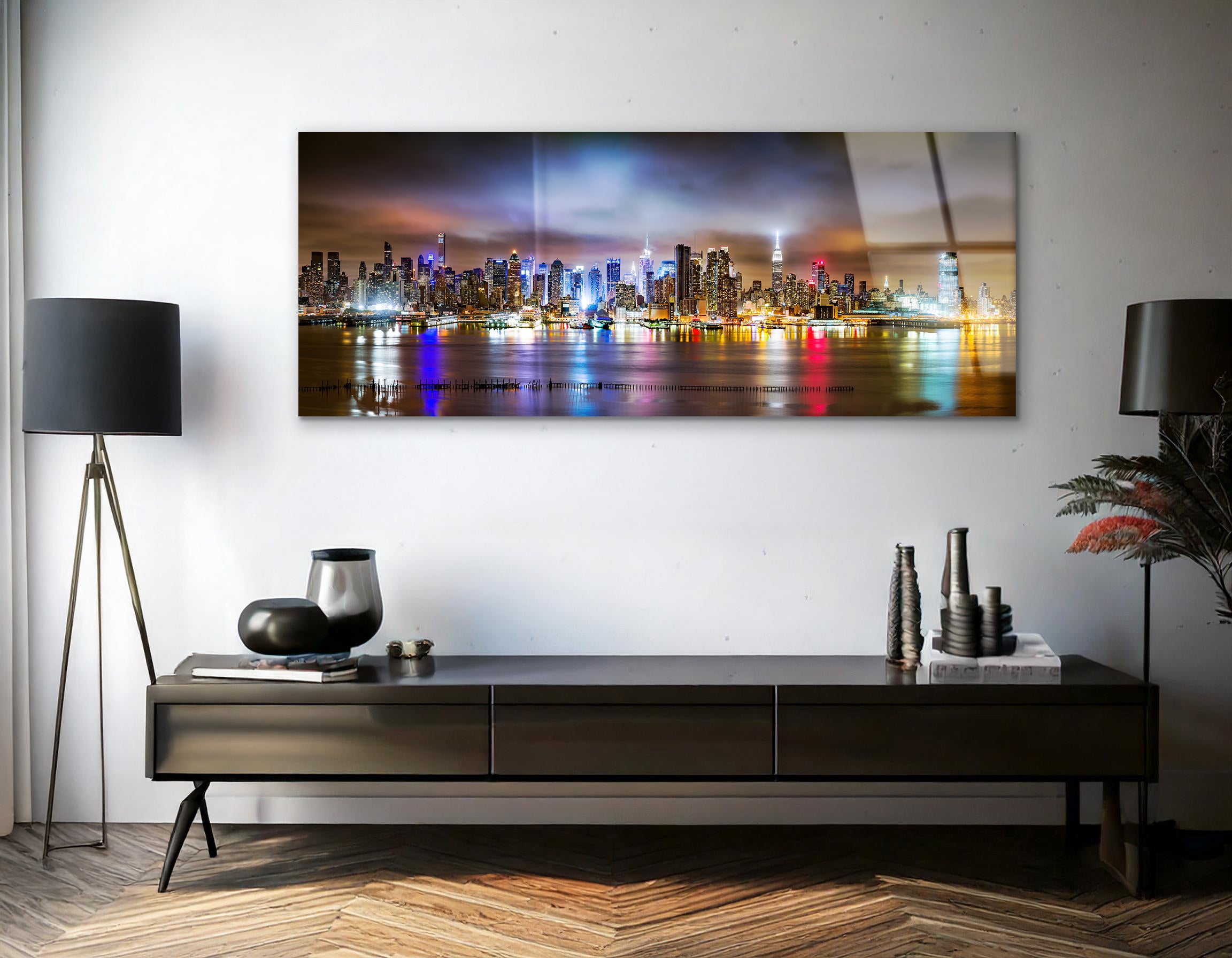New York City Panorama on a Cloudy Night | Premium HD Metal Wall Art