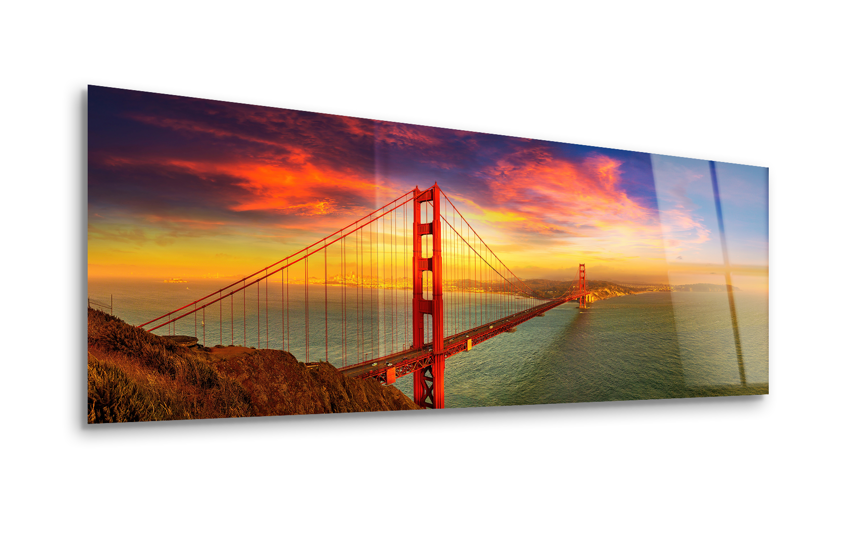 Panorama of Golden Gate Bridge at Sunset | Premium HD Metal Wall Art