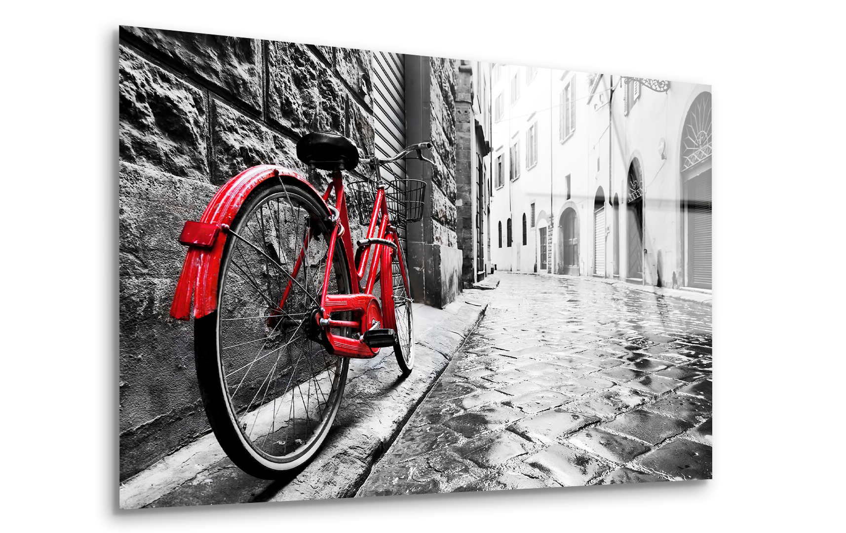 Retro Vintage Red Bike on Cobblestone Street | Premium HD Metal Wall Art
