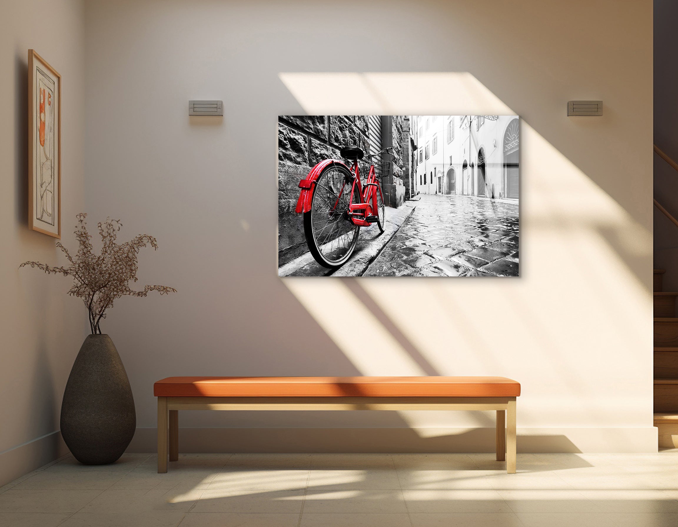 Retro Vintage Red Bike on Cobblestone Street | Premium HD Metal Wall Art