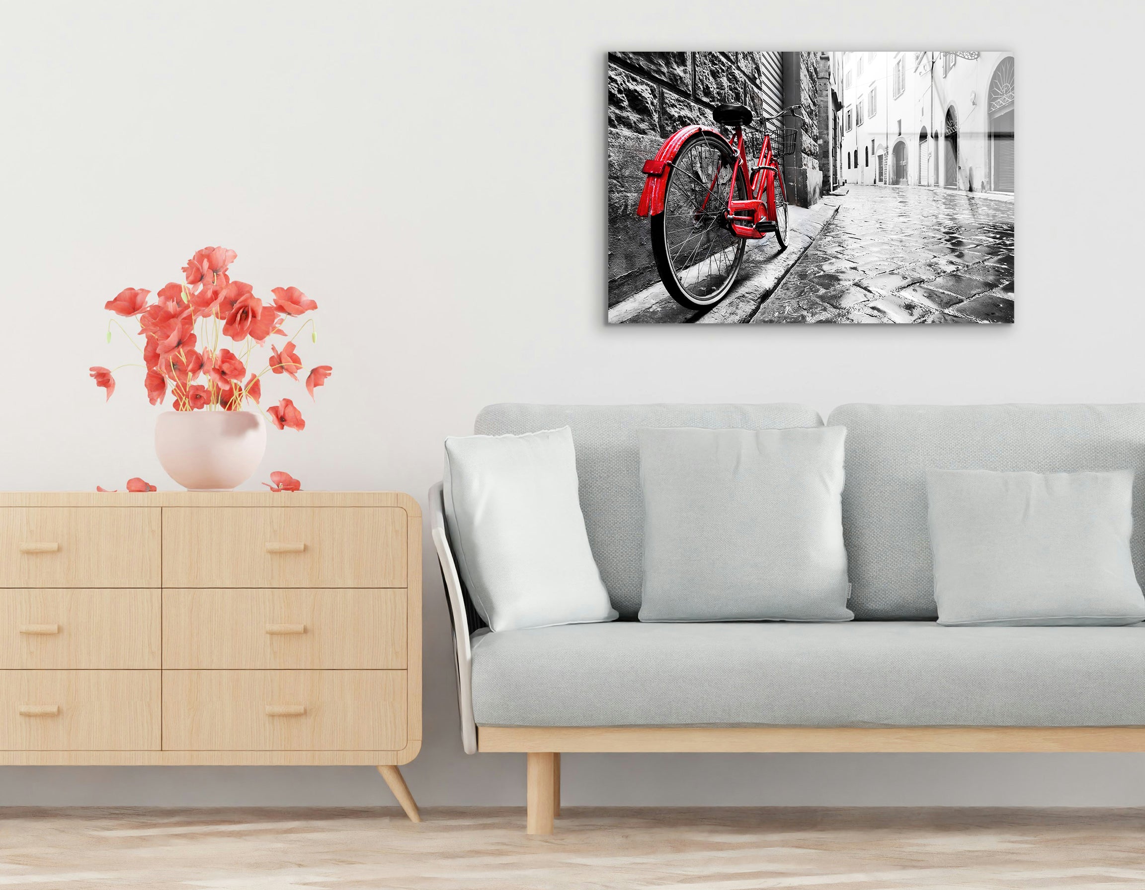 Retro Vintage Red Bike on Cobblestone Street | Premium HD Metal Wall Art