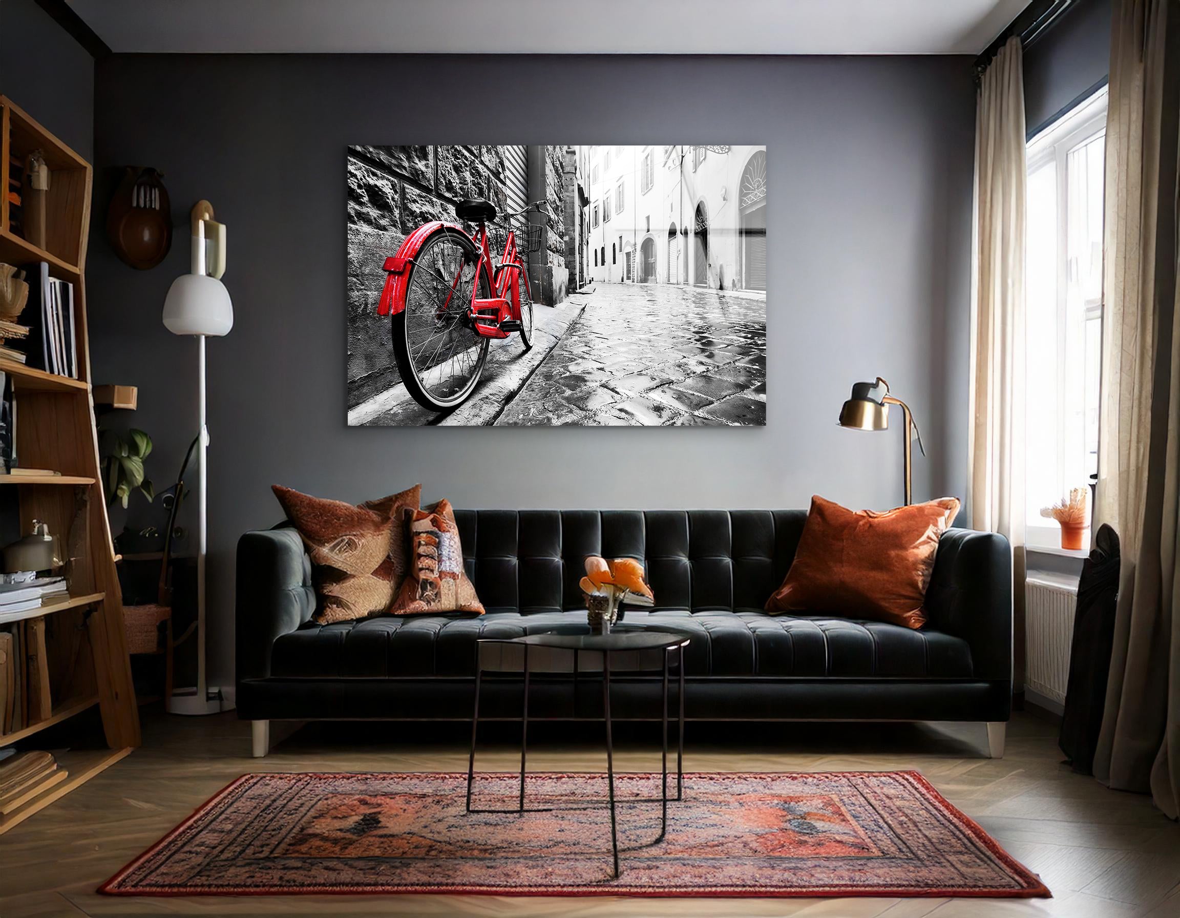 Retro Vintage Red Bike on Cobblestone Street | Premium HD Metal Wall Art
