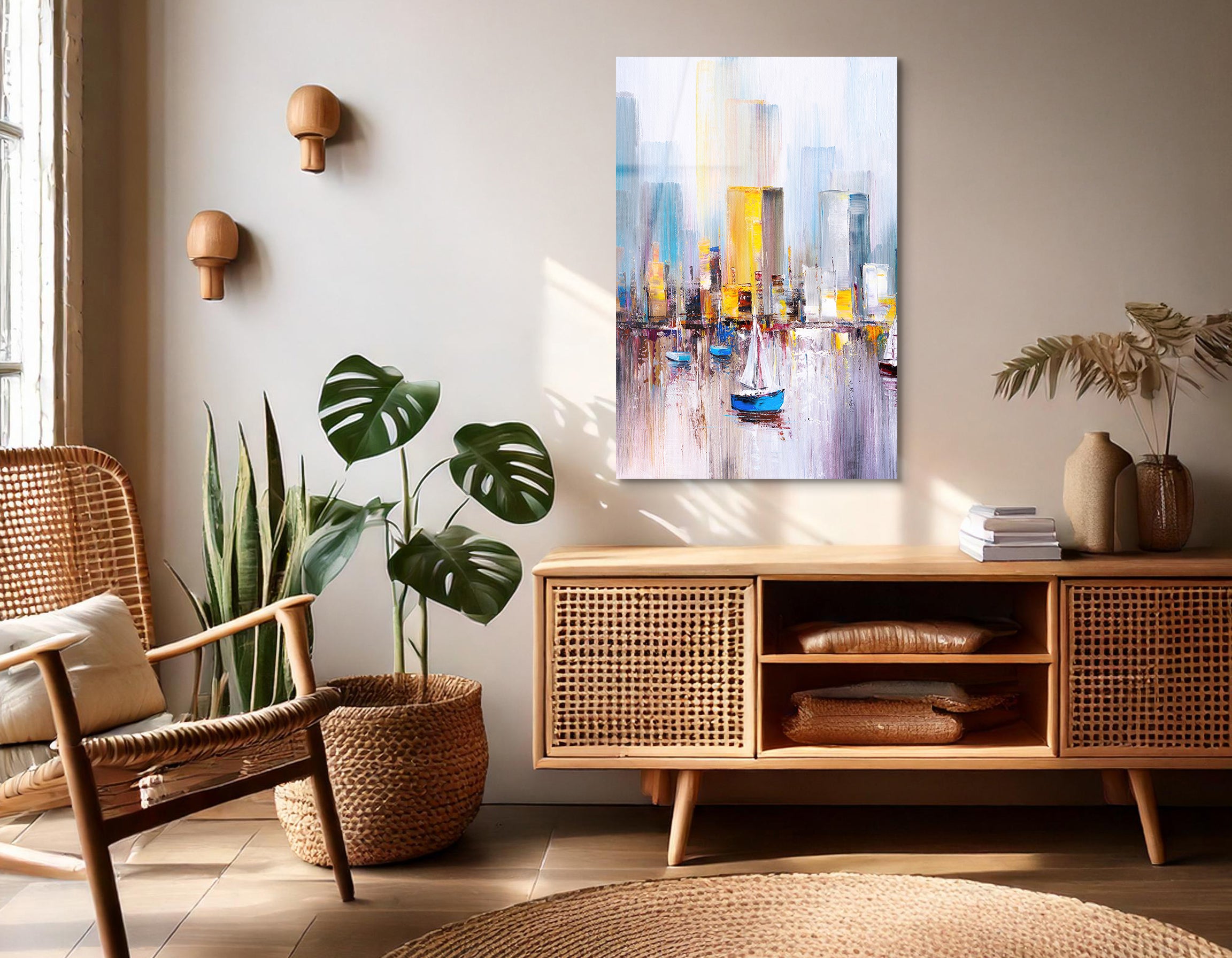 Manhattan Bay Oil Painting | Premium HD Metal Wall Art