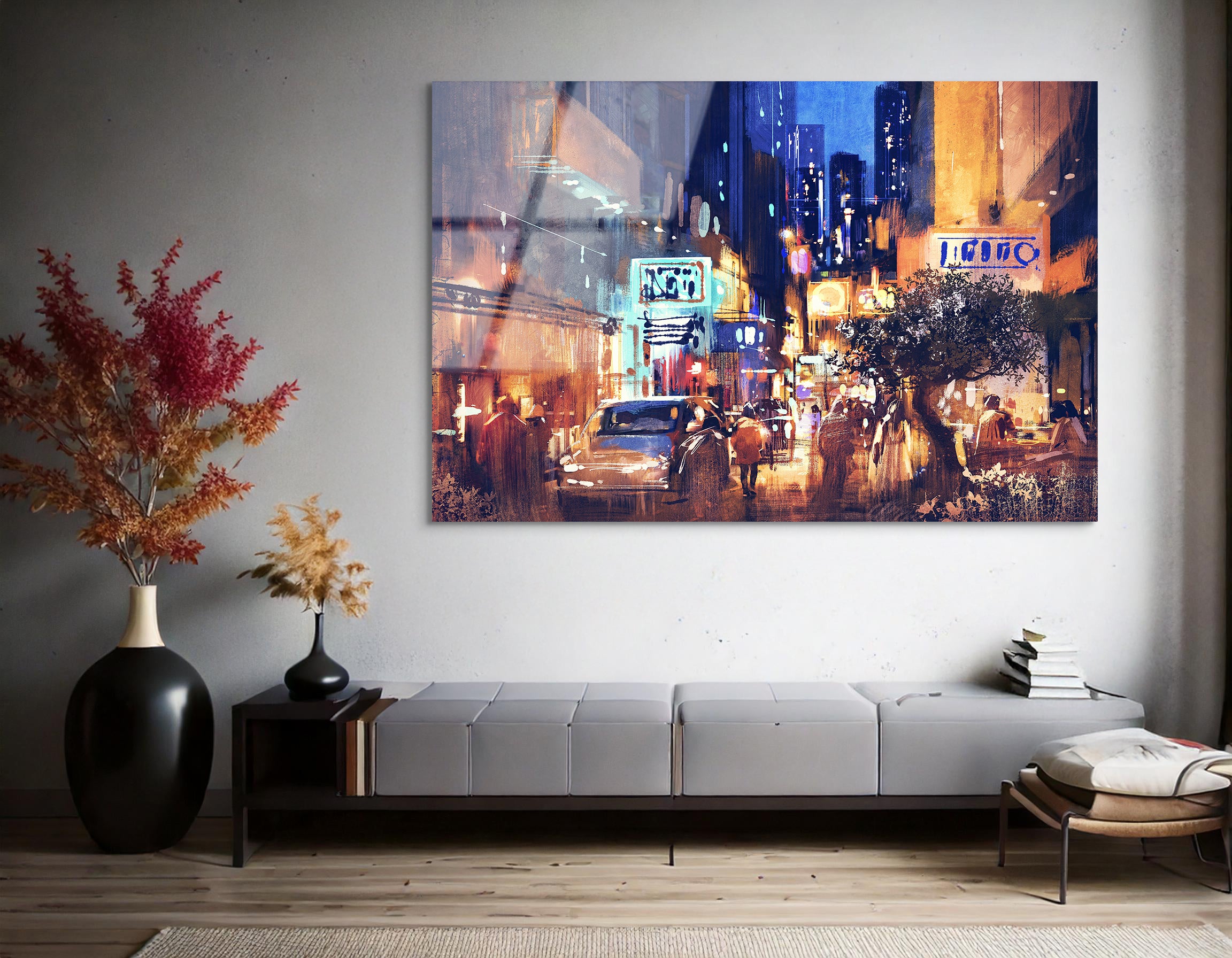 Colorful Night Street Illustration | Premium HD Metal Wall Art