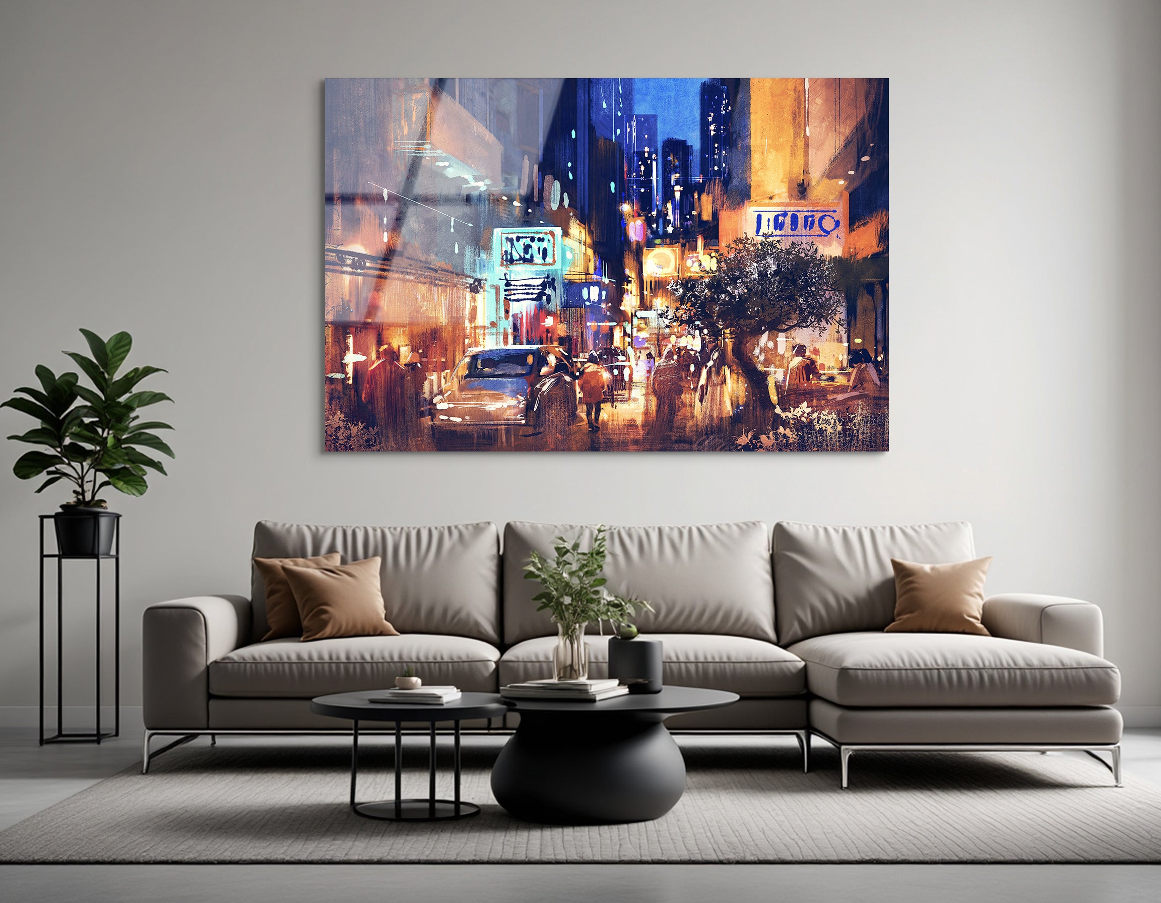 Colorful Night Street Illustration | Premium HD Metal Wall Art