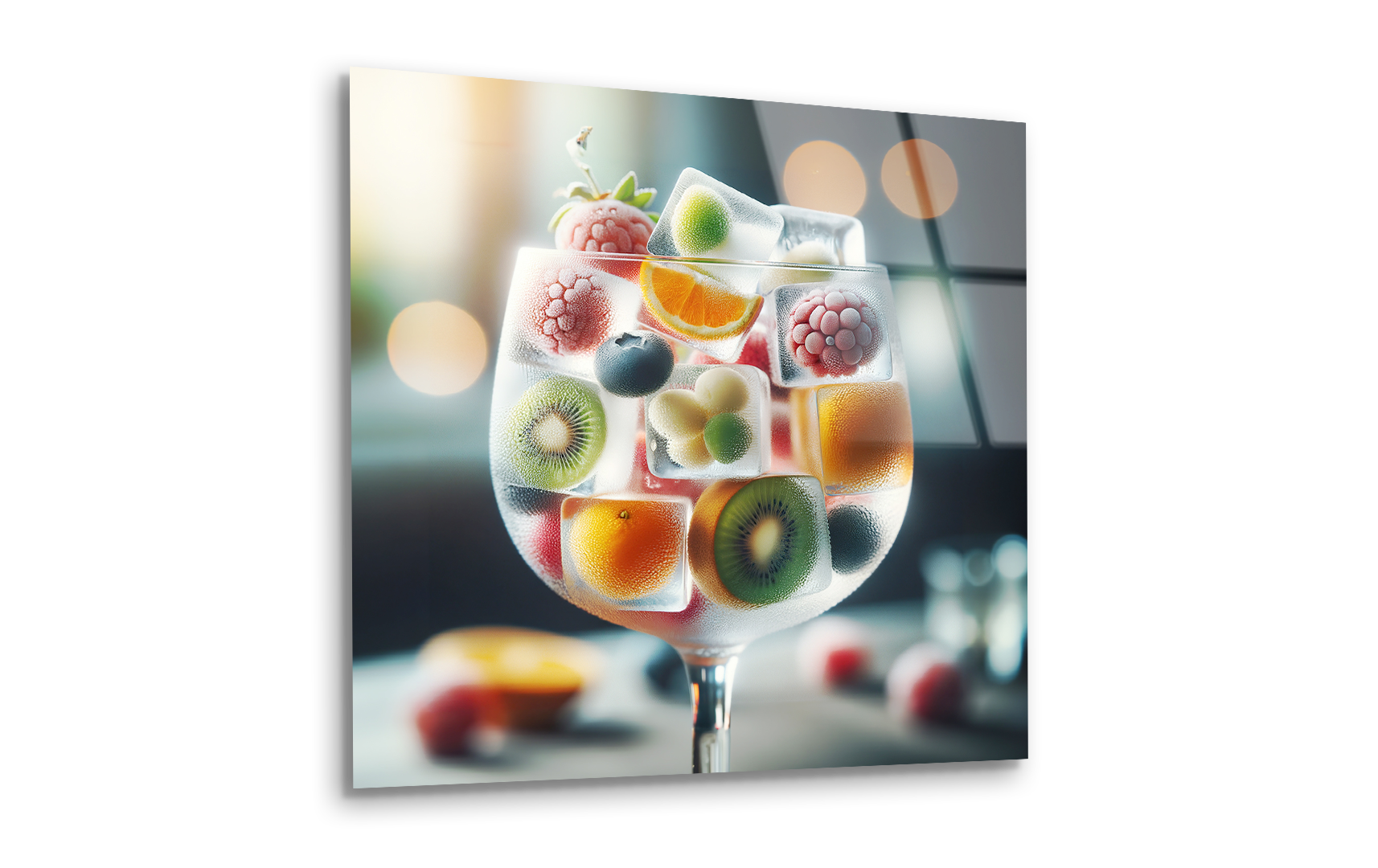 Fruits in Ice Cubes Cocktail Glass | Premium HD Metal Wall Art