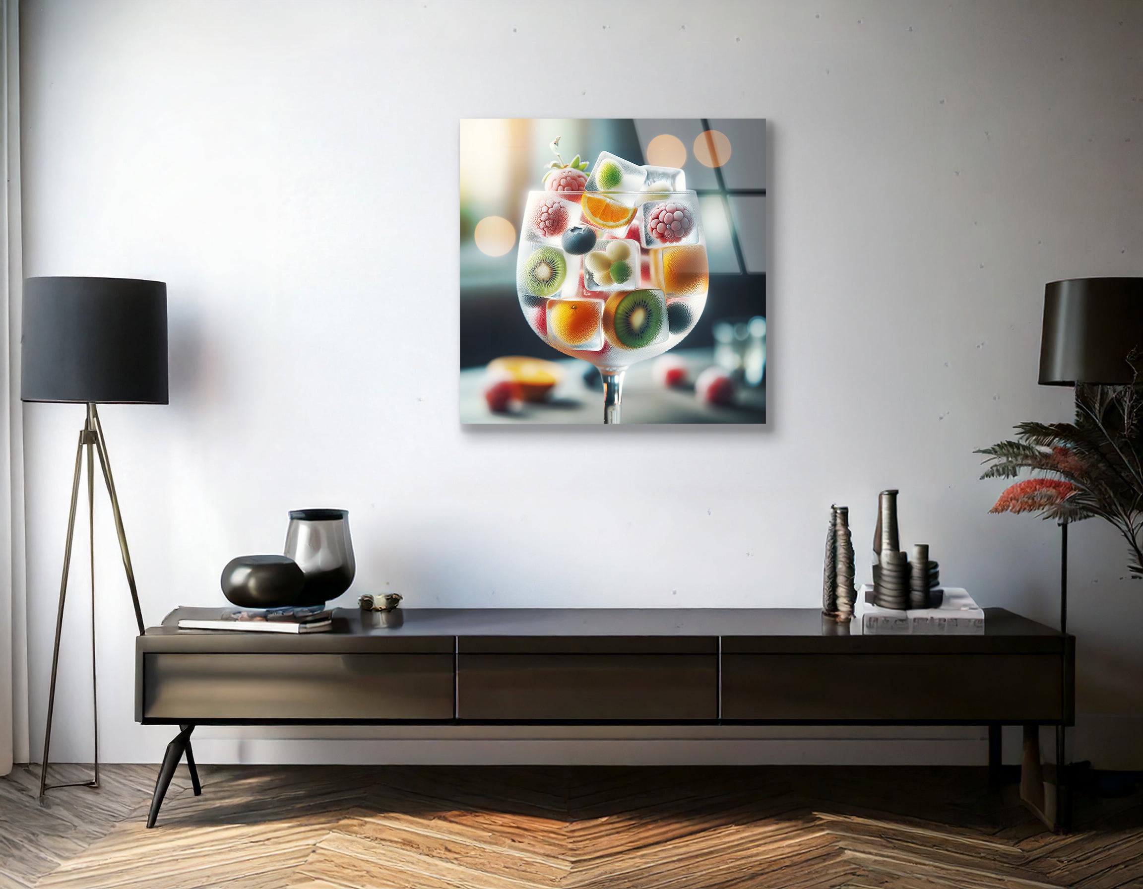 Fruits in Ice Cubes Cocktail Glass | Premium HD Metal Wall Art