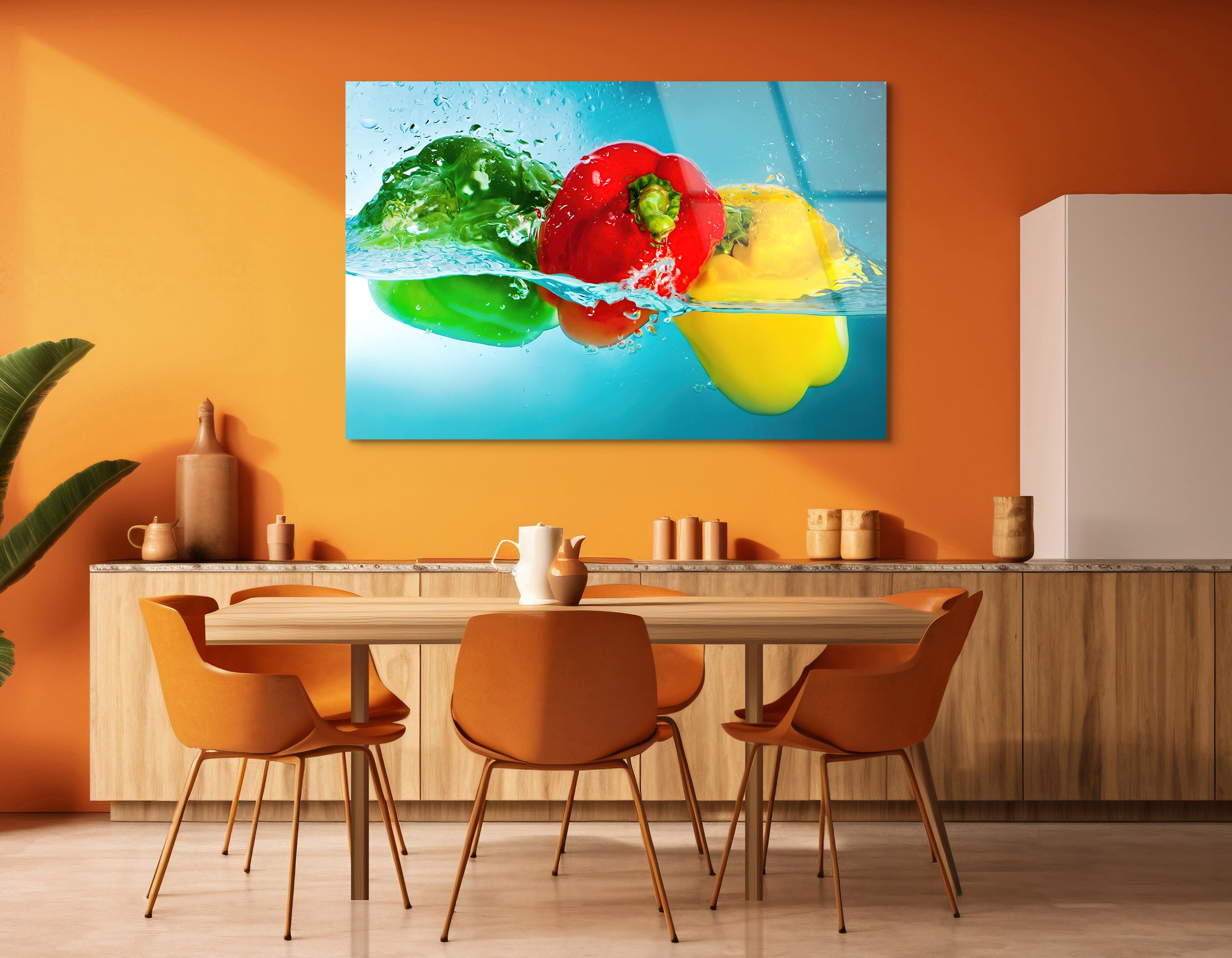 Colorful Peppers Splashing in Water | Premium HD Metal Wall Art