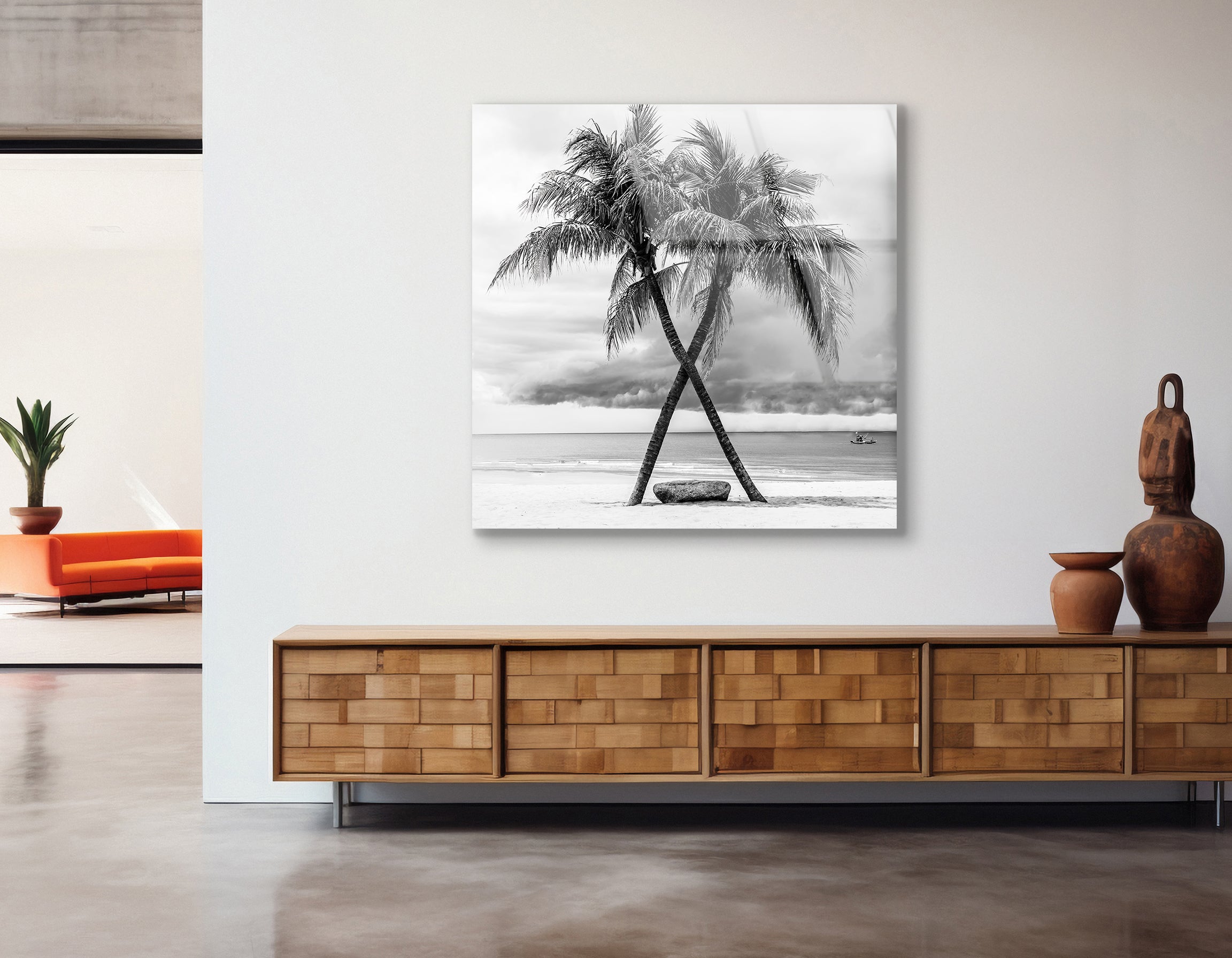 Black & White View of Beautiful Beach with Palms, Thailand | Premium HD Metal Wall Art