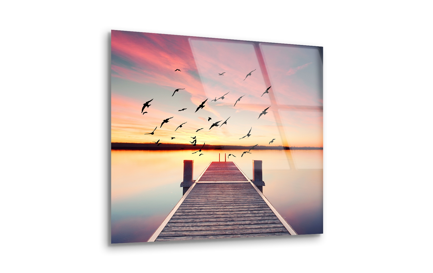 Perspective View of a Wooden Pier on the Pond at Sunset | Premium HD Metal Wall Art