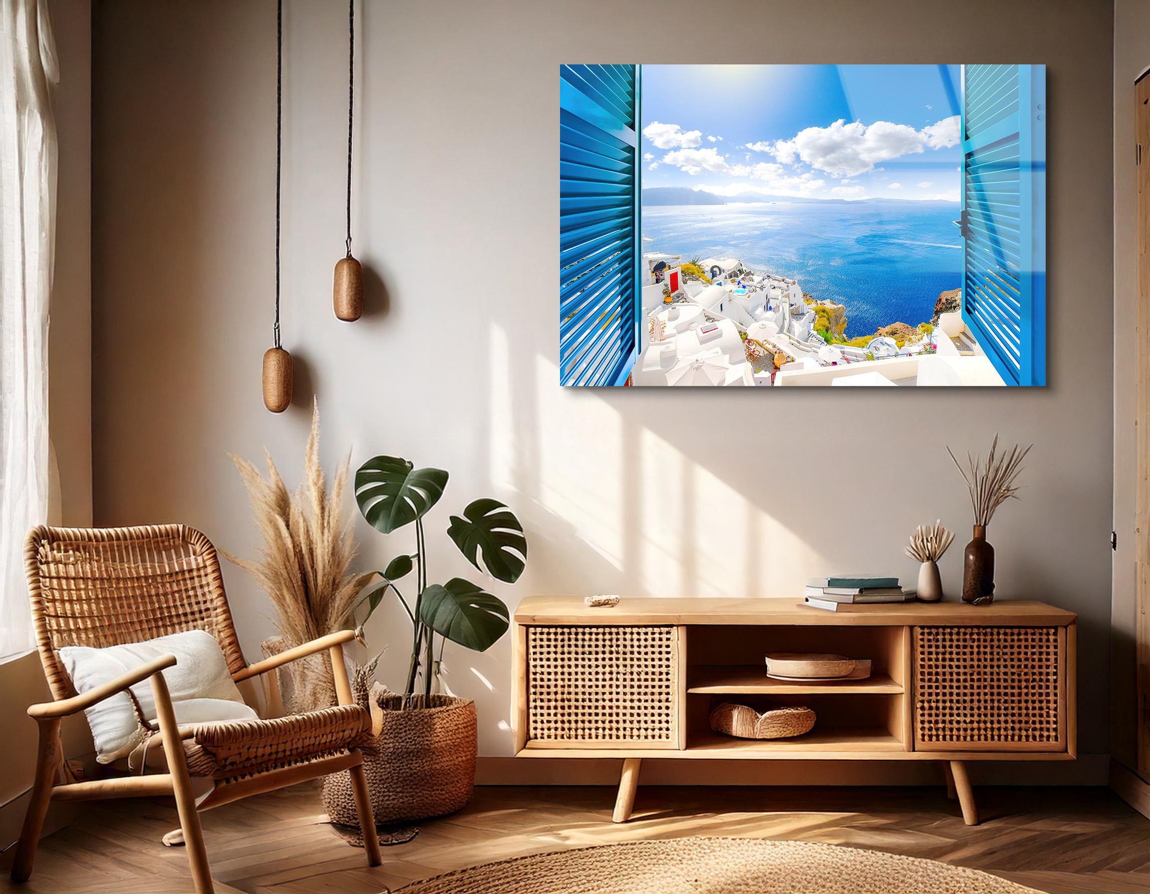 Santorini Window View | Premium HD Metal Wall Art