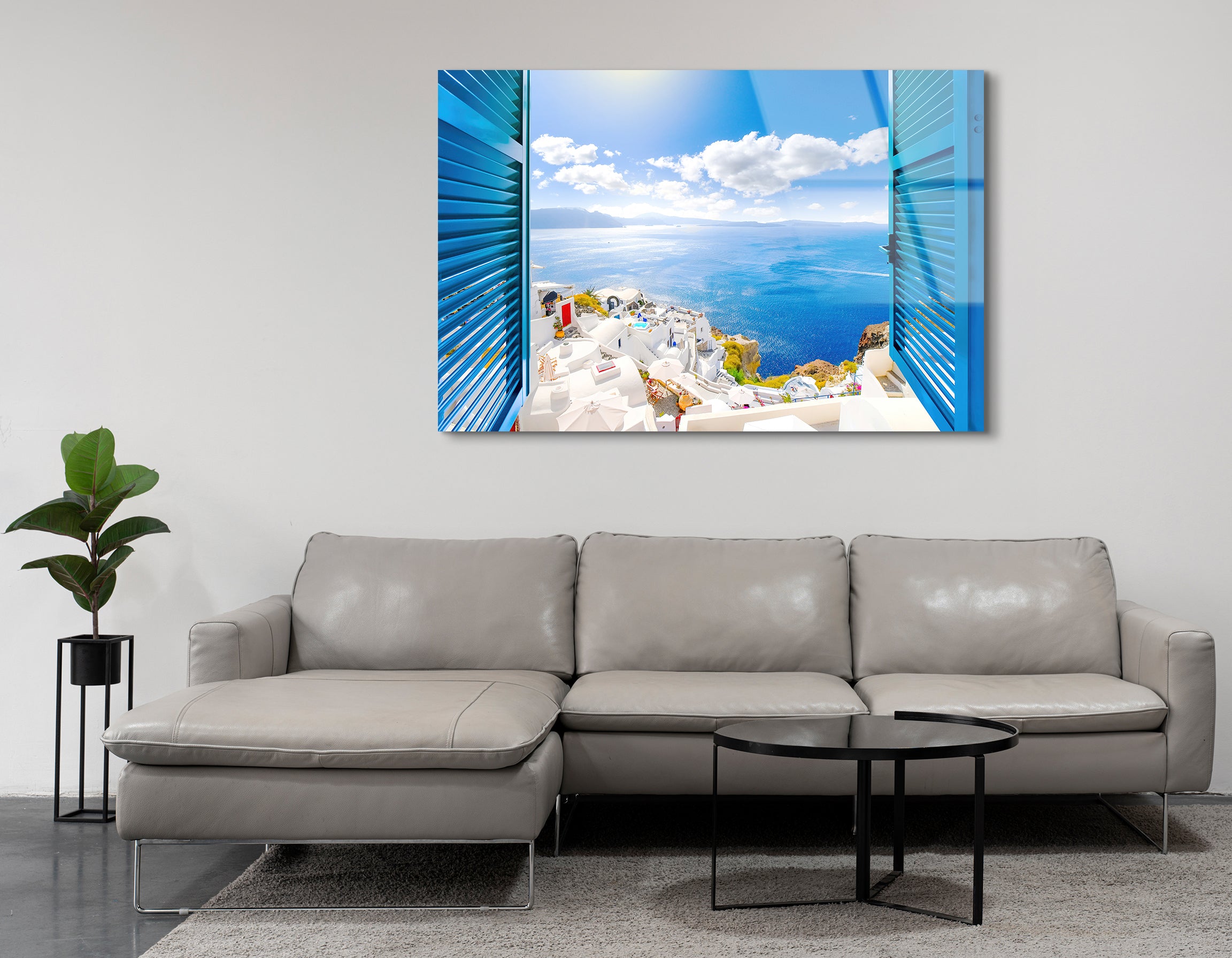 Santorini Window View | Premium HD Metal Wall Art