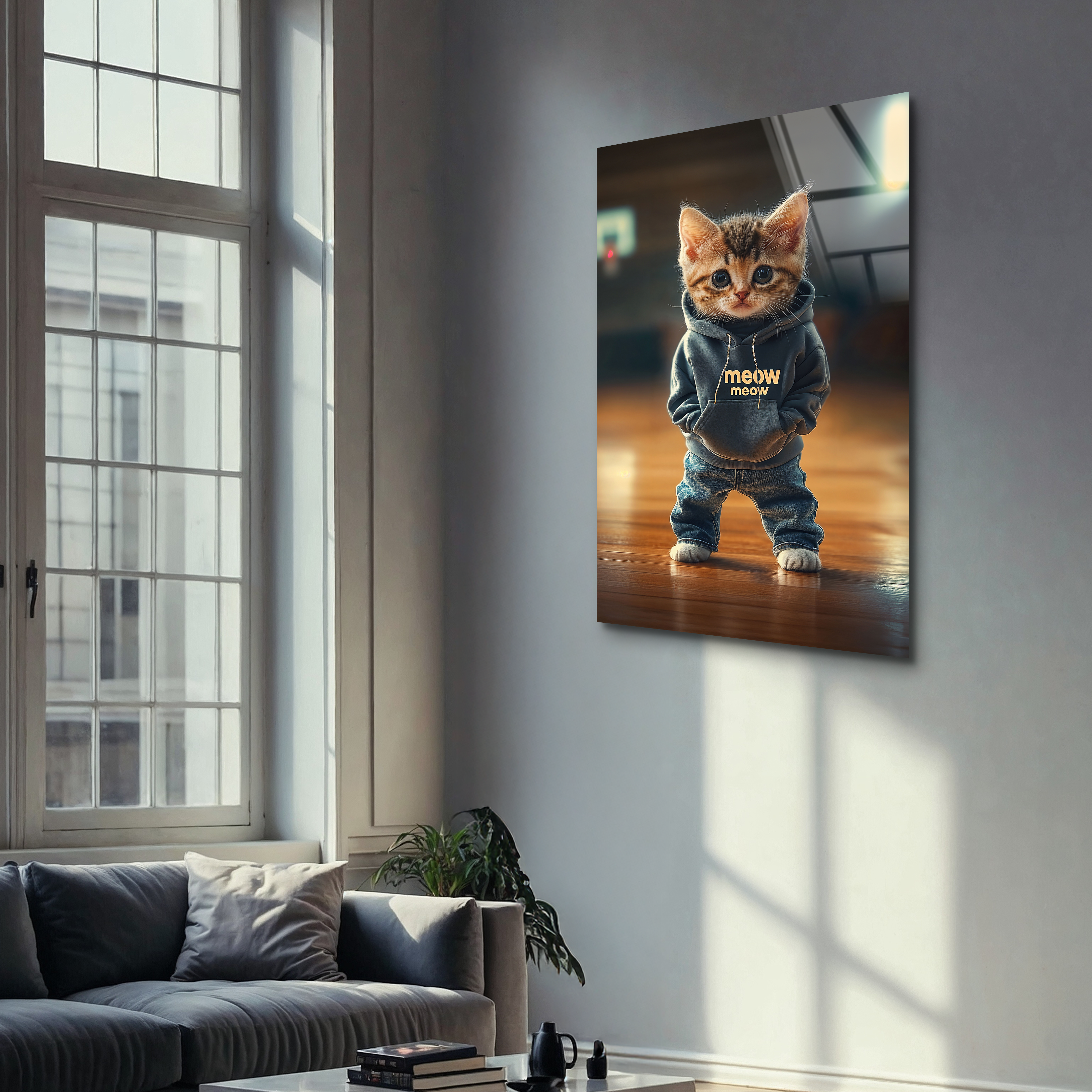 Adorable Kitten in Denim & Hoodie | Premium HD Metal Wall Art