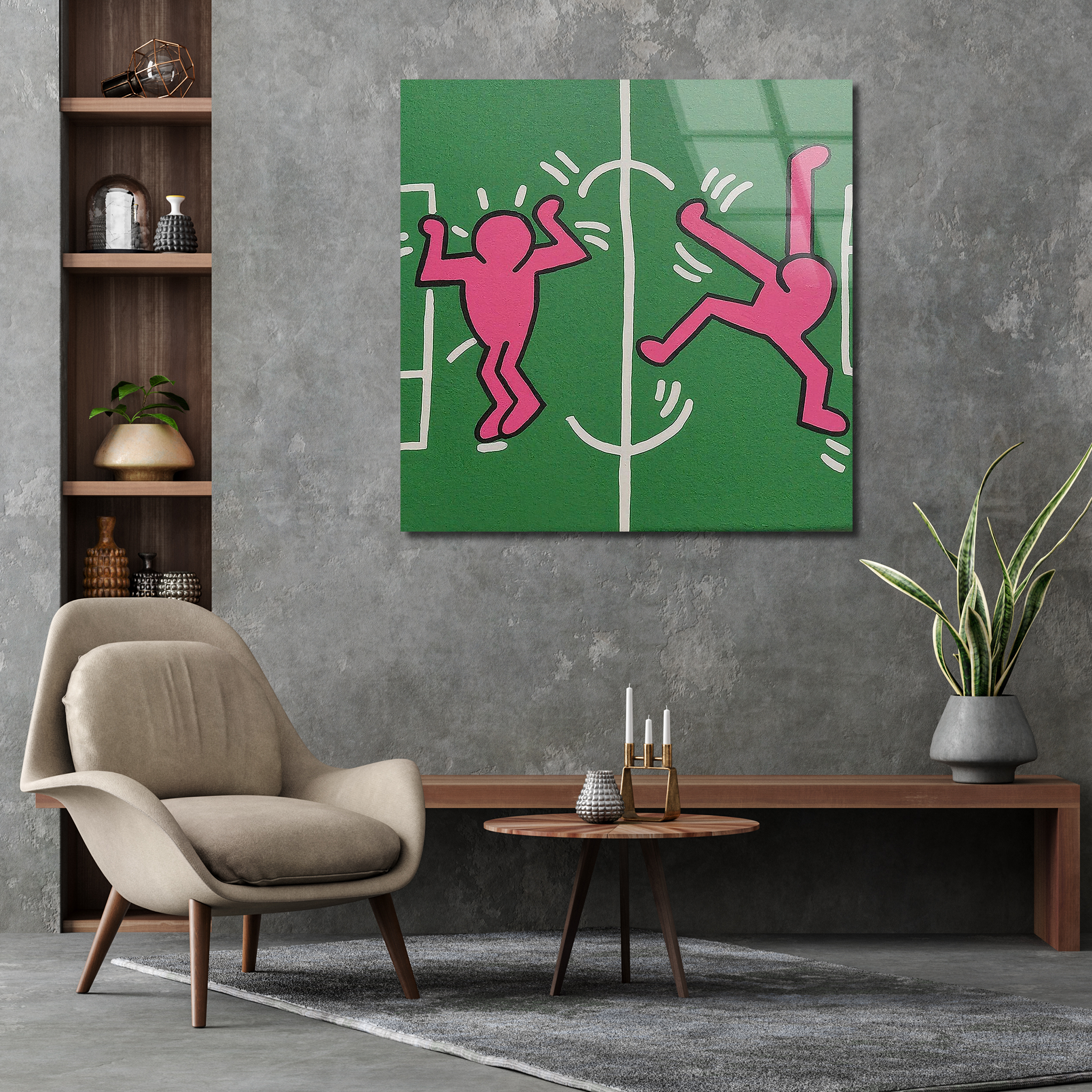 Playful Green & Pink Abstract Inspired by Keith Haring | Premium HD Metal Wall Art