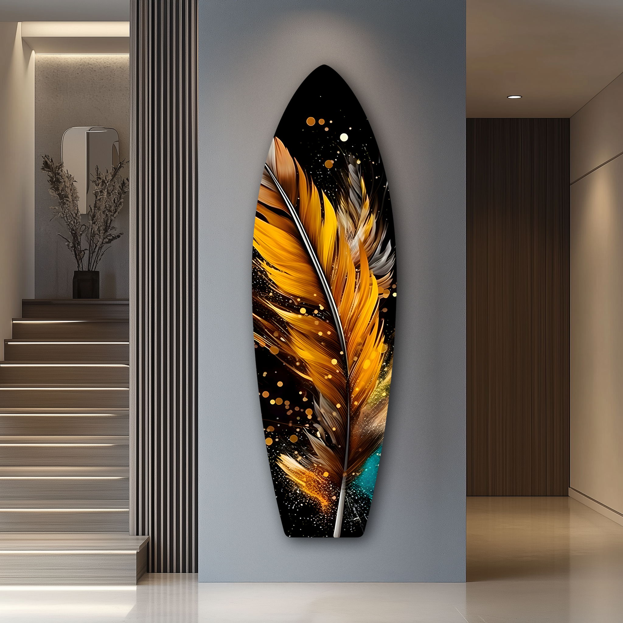 Gold Feather Surfboard | Premium HD Metal Wall Art