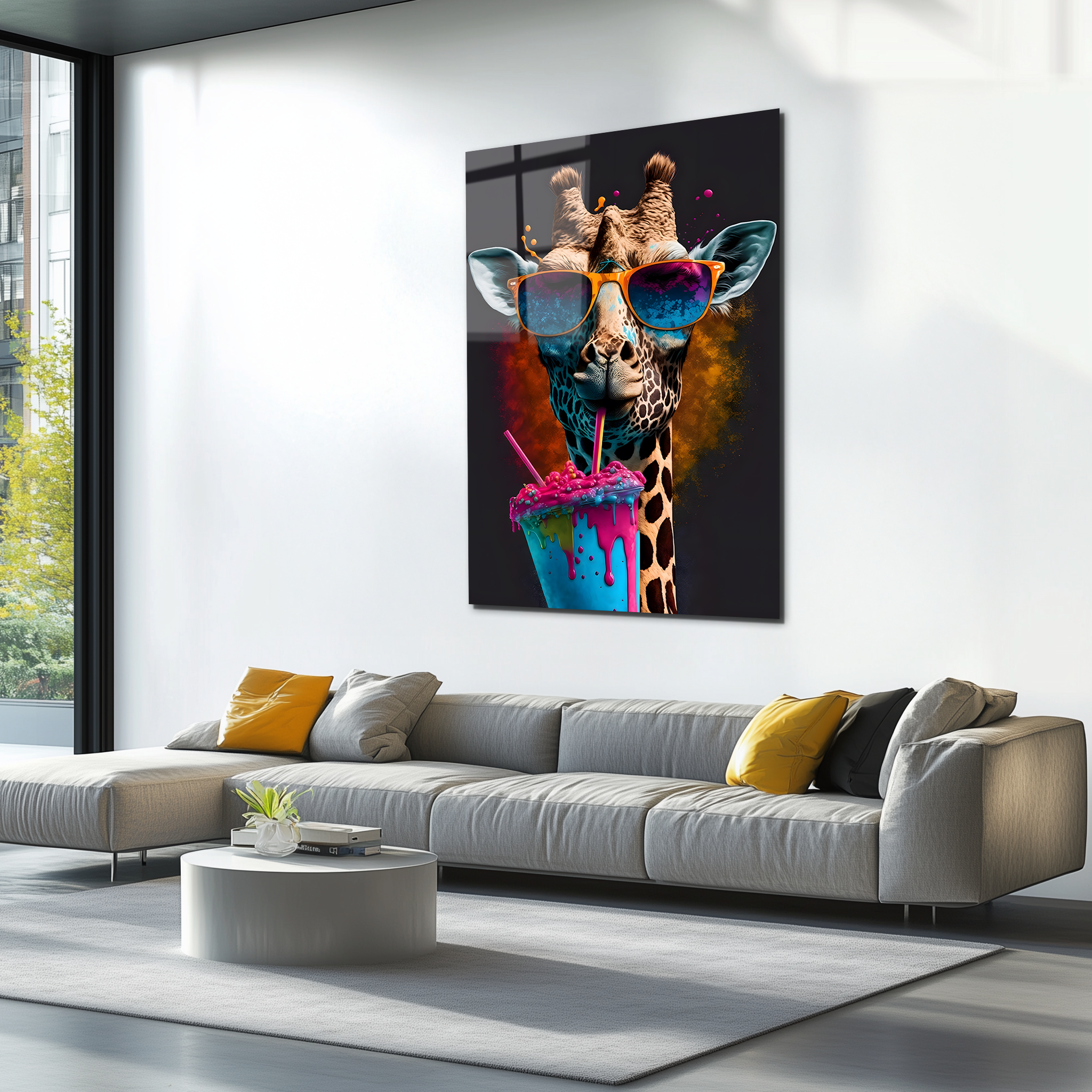 Giraffe in Sunglasses Drinking Smoothie | Premium HD Metal Wall Art