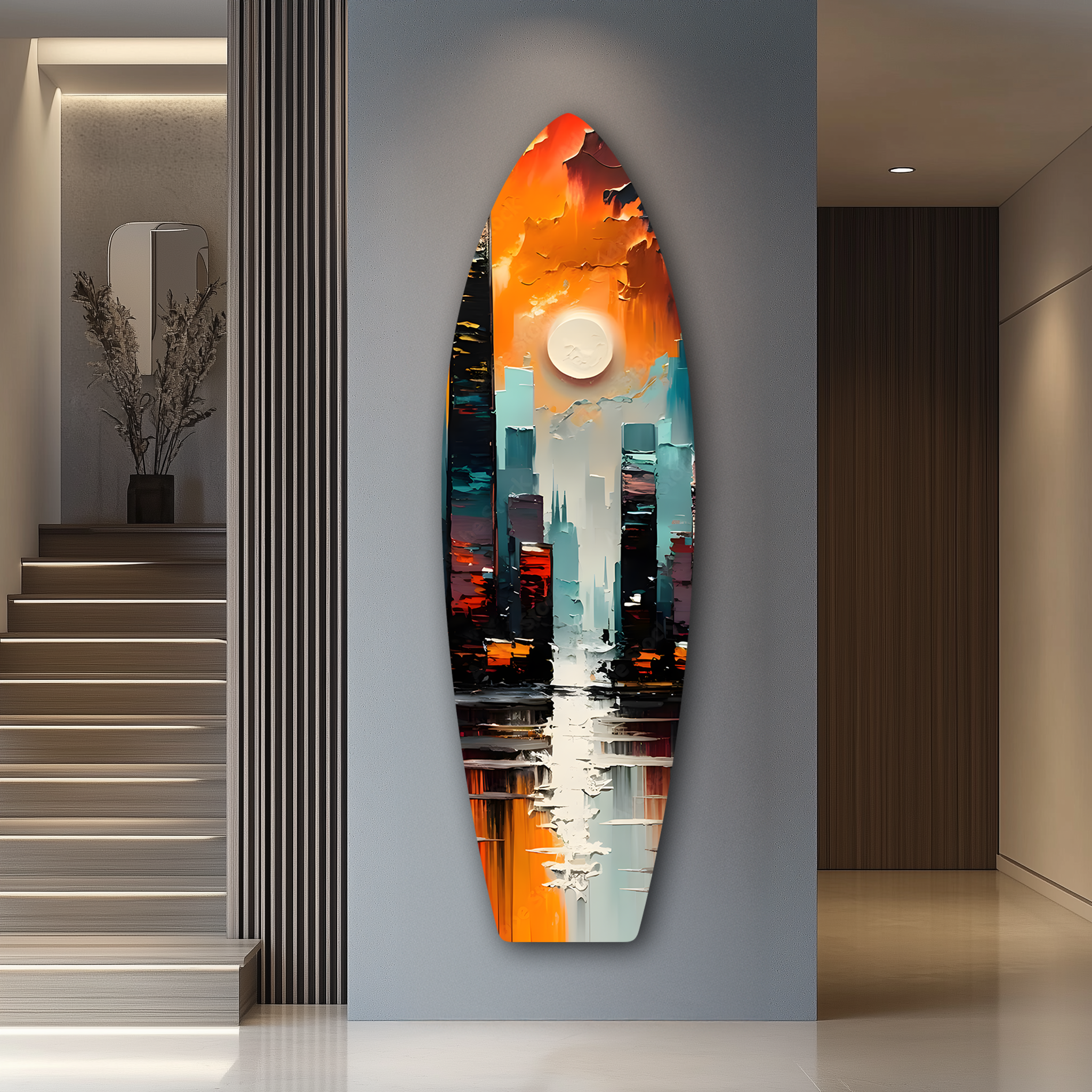 Abstract Colorful City Surfboard | Premium HD Metal Wall Art