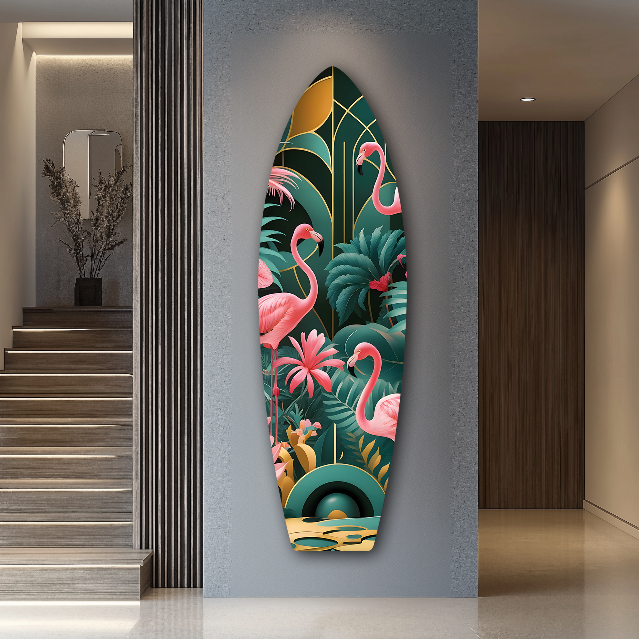 Colorful Flamingo Surfboard | Premium HD Metal Wall Art