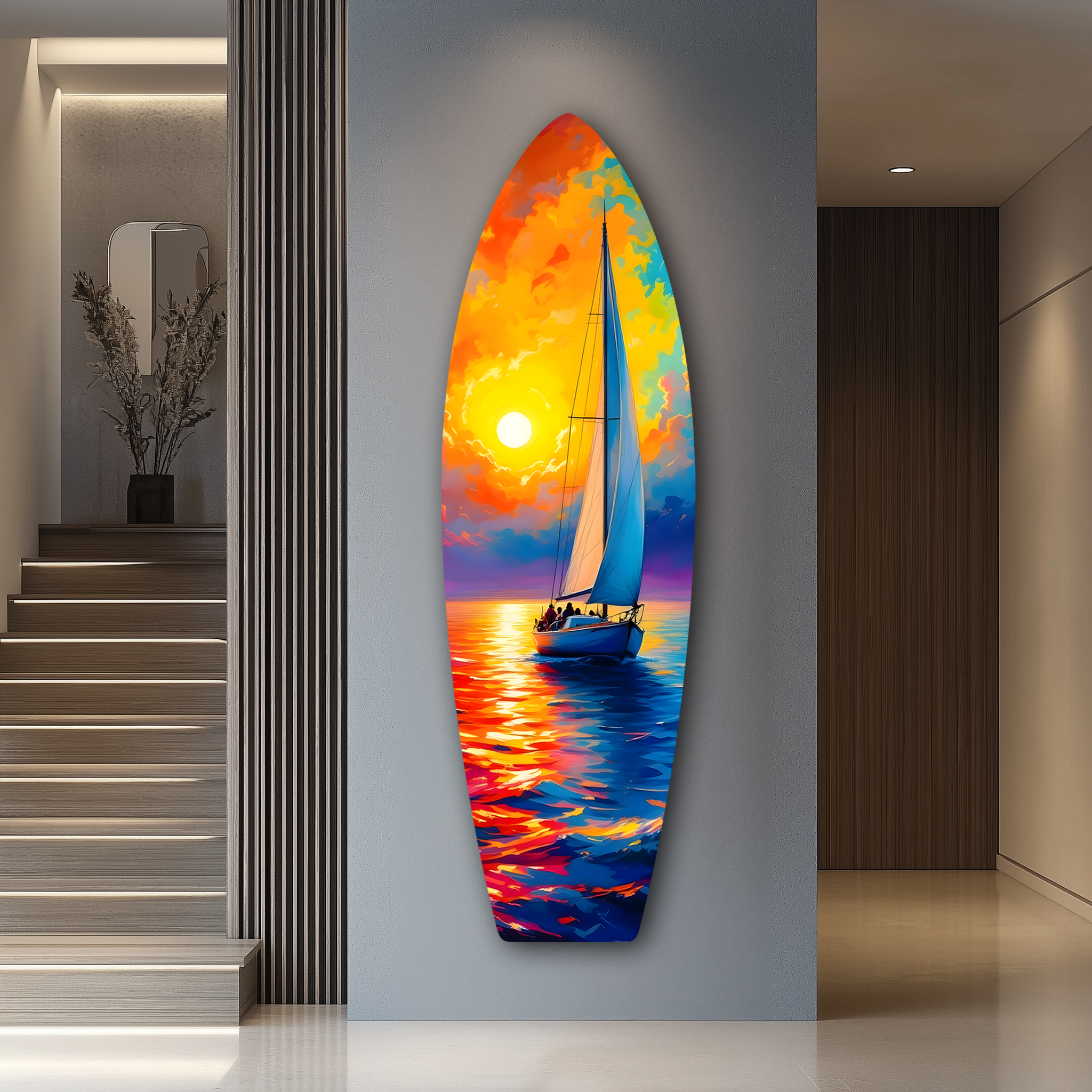 Colorful Boat on the Sea Surfboard | Premium HD Metal Wall Art