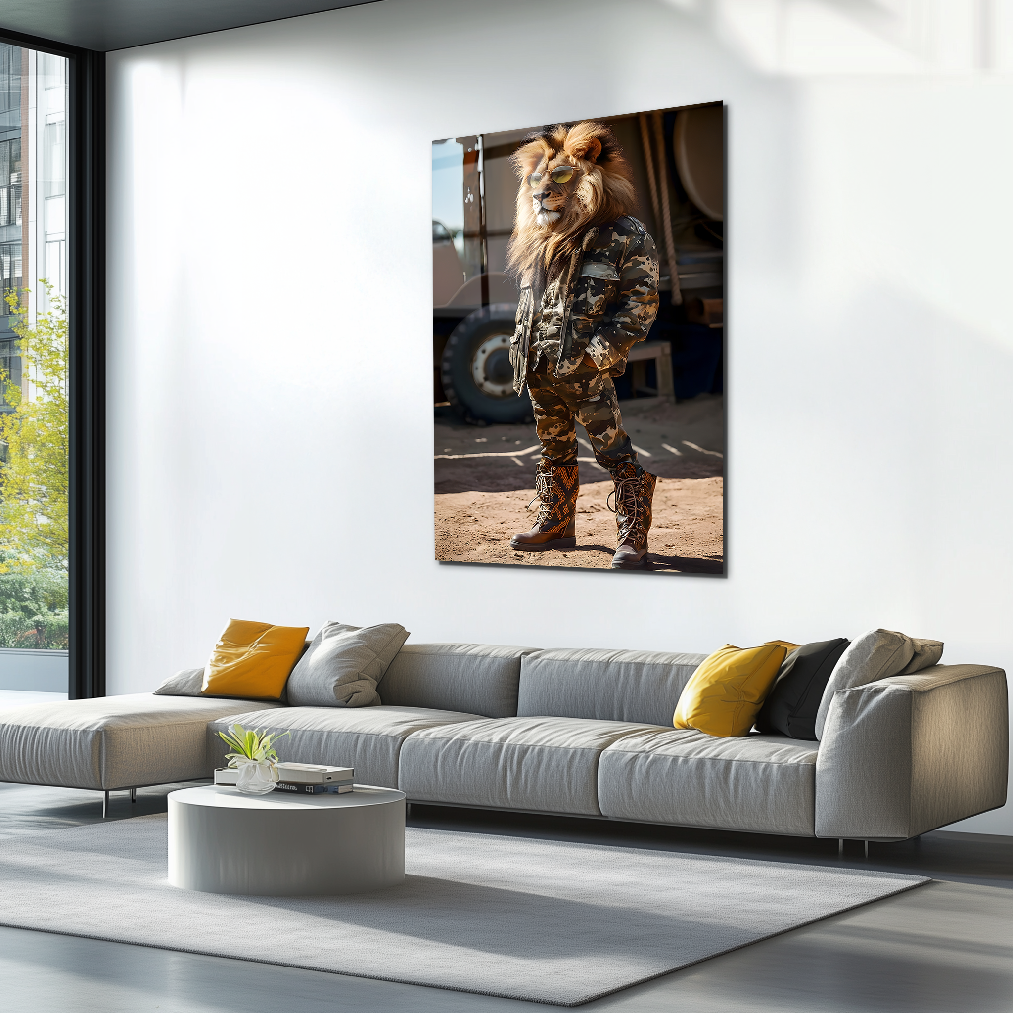 Lion in Army Clothes | Premium HD Metal Wall Art