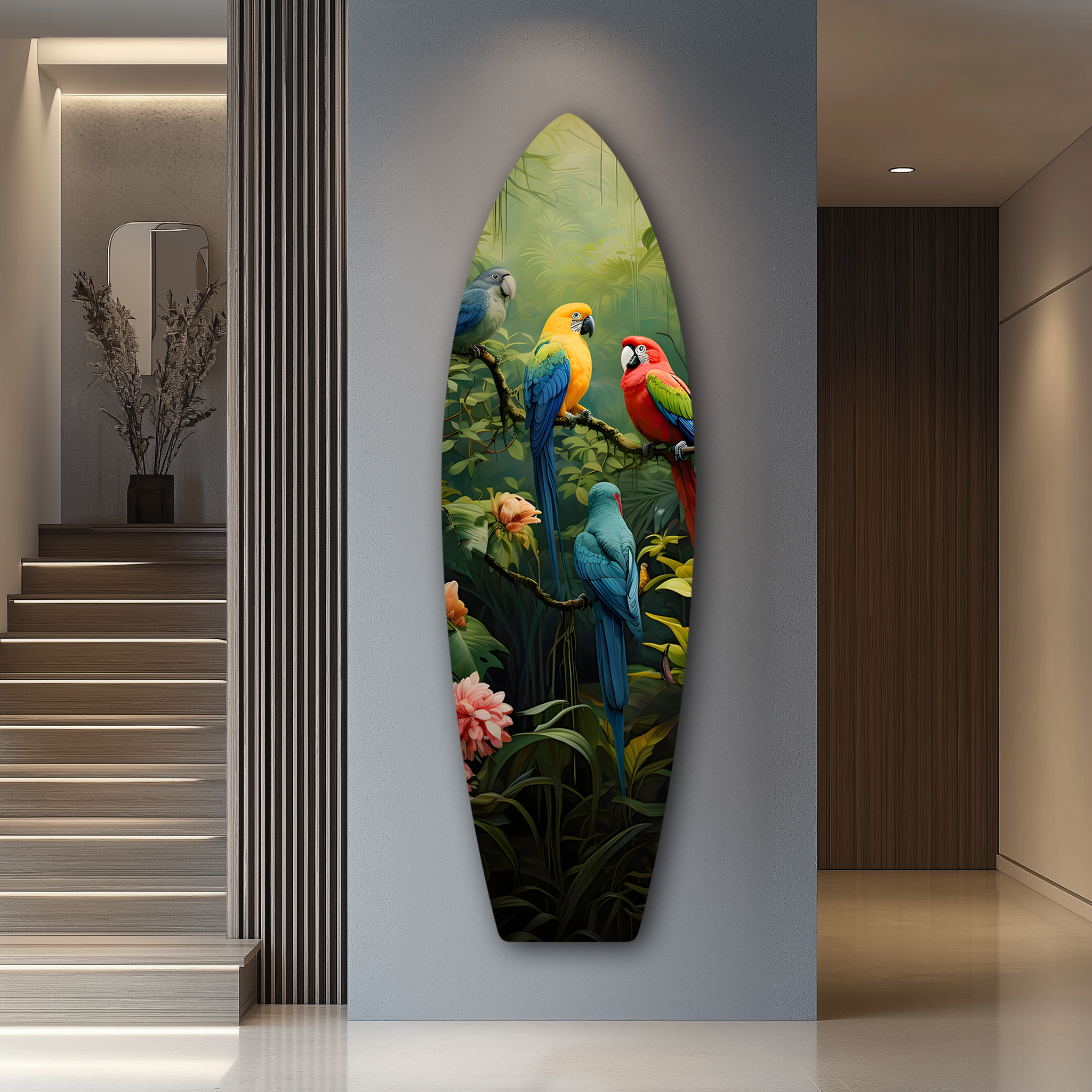 Colorful Parrots Surfboard | Premium HD Metal Wall Art