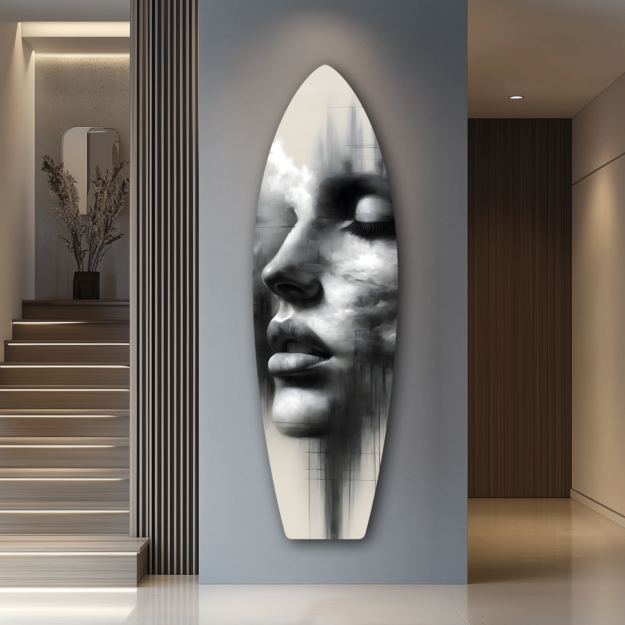 Black and White Portrait Surfboard | Premium HD Metal Wall Art