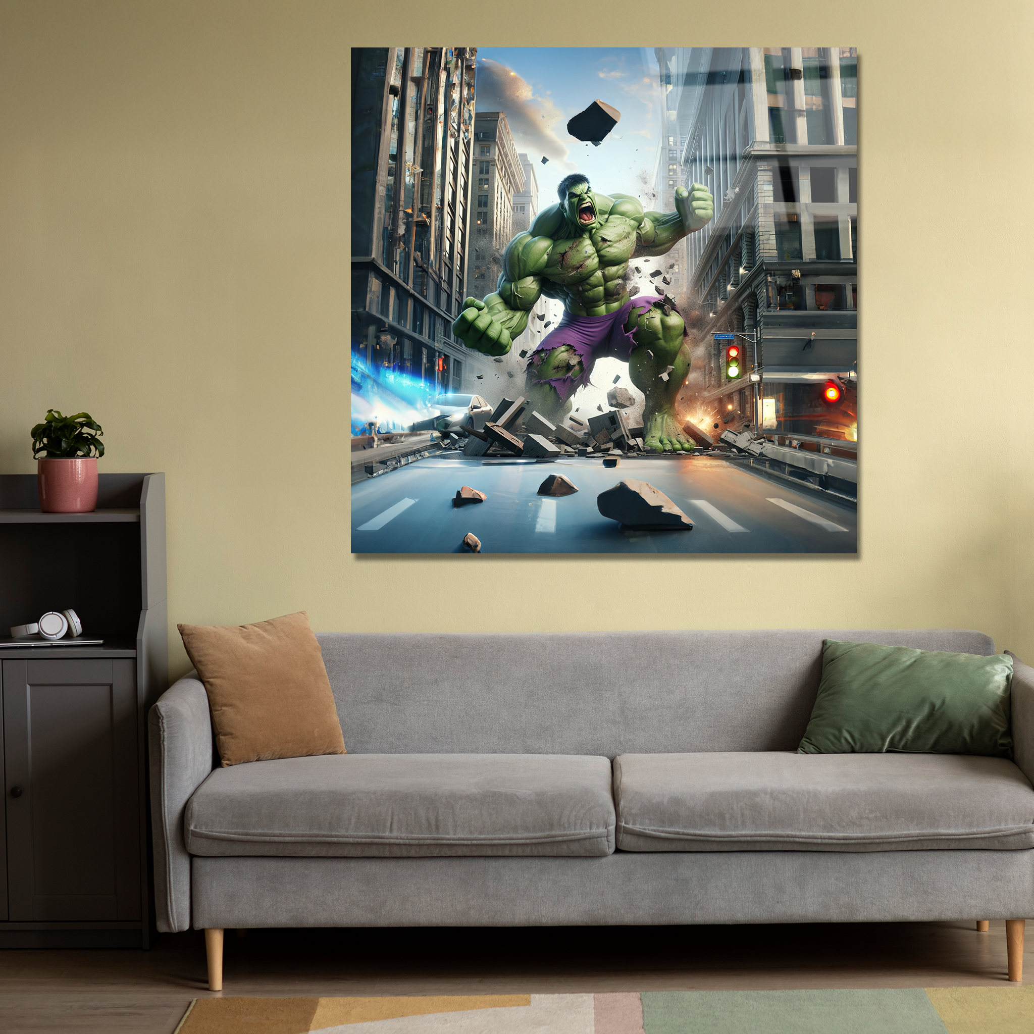 Hulk smash in city | Premium HD Metal Wall Art