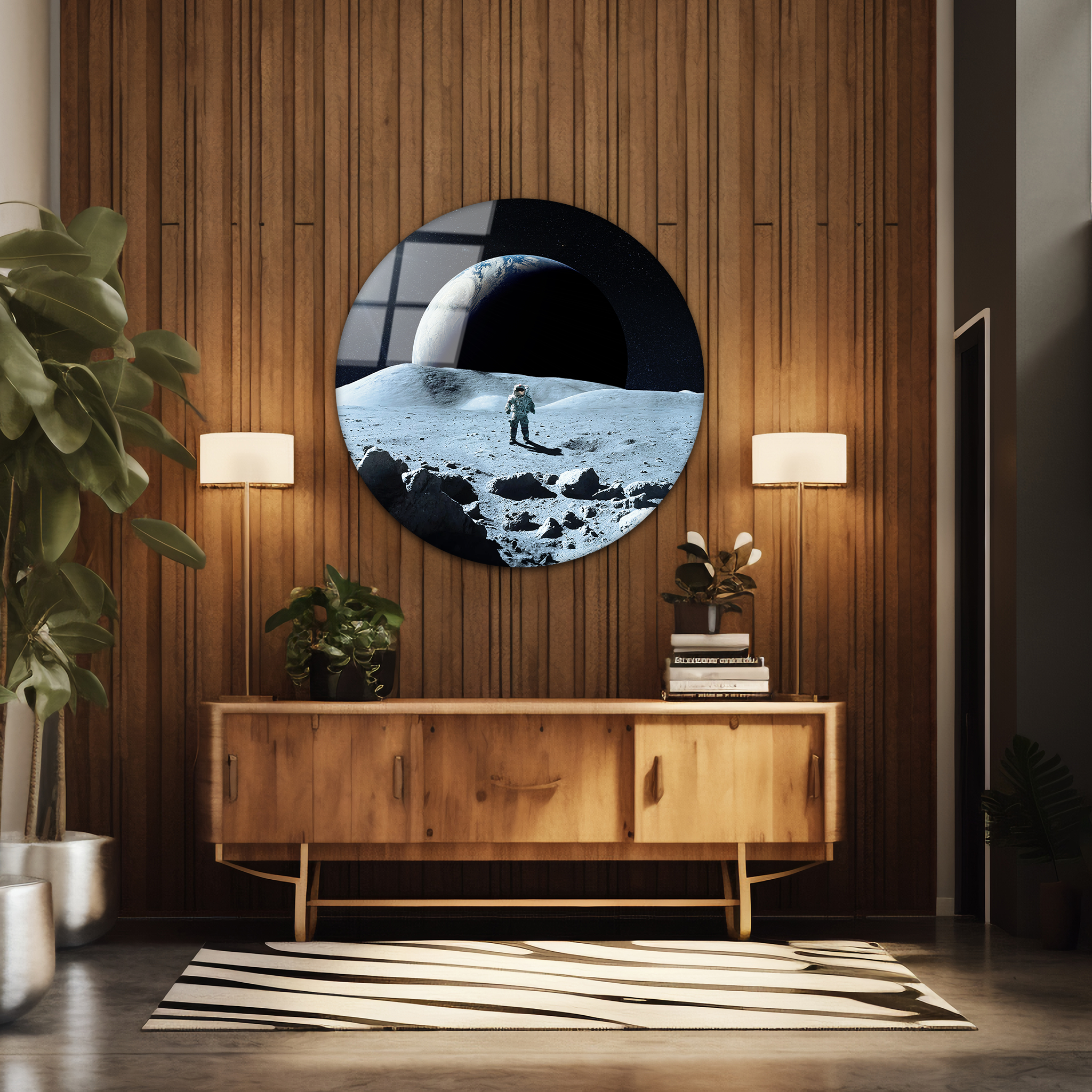 Moon Surface & Cosmonaut | Premium HD Round Wall Art