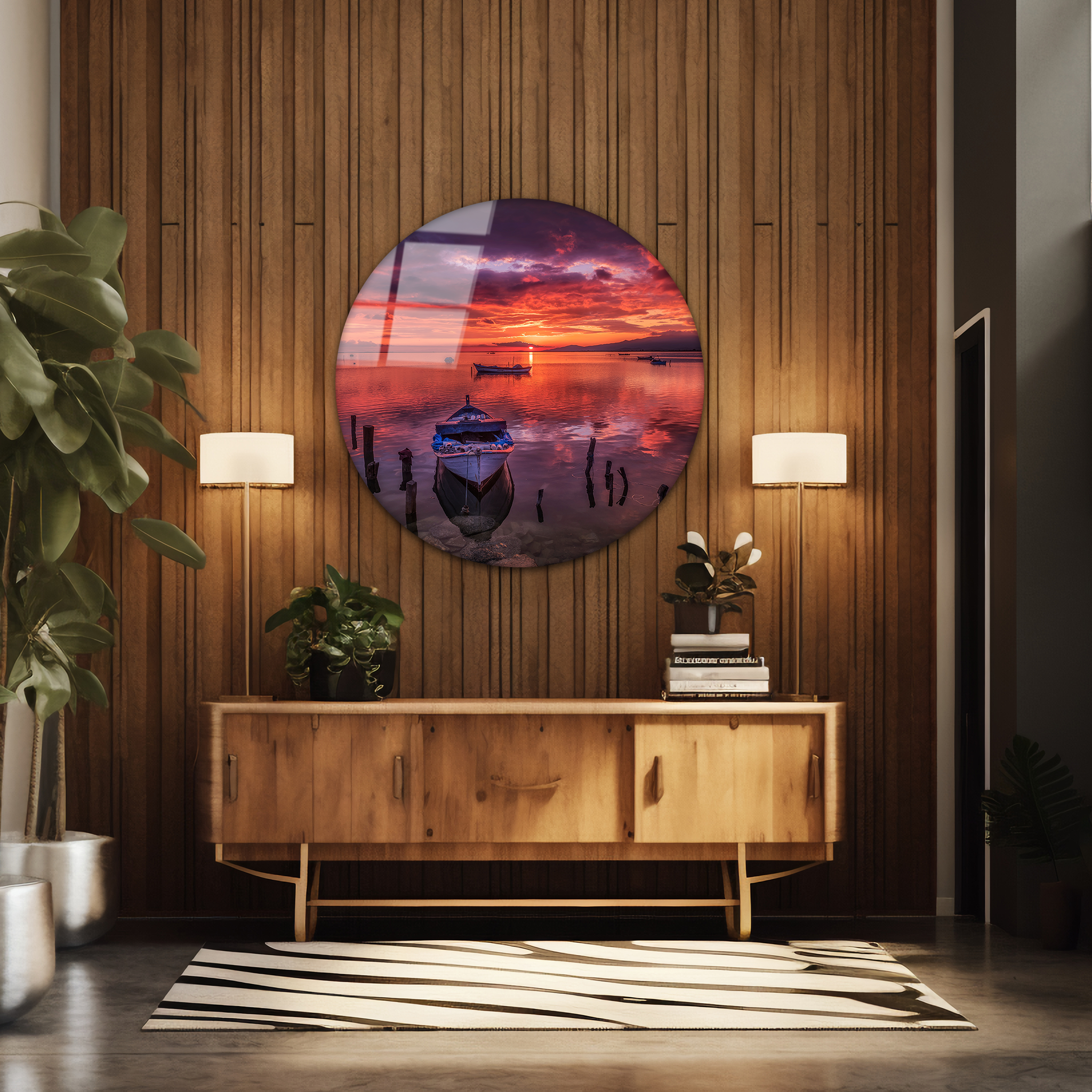 Boats at Sunset | Premium HD Round Wall Art