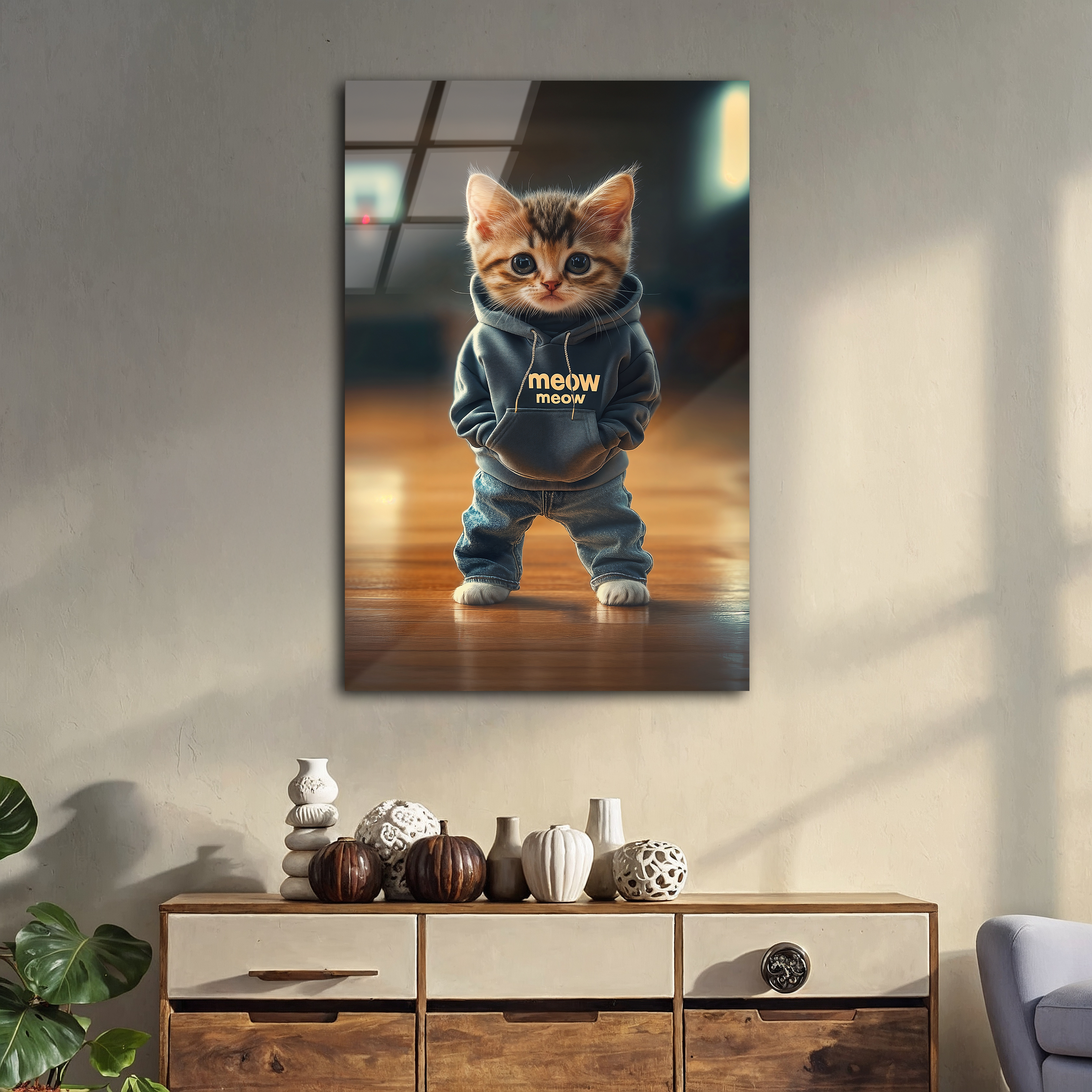 Adorable Kitten in Denim & Hoodie | Premium HD Metal Wall Art