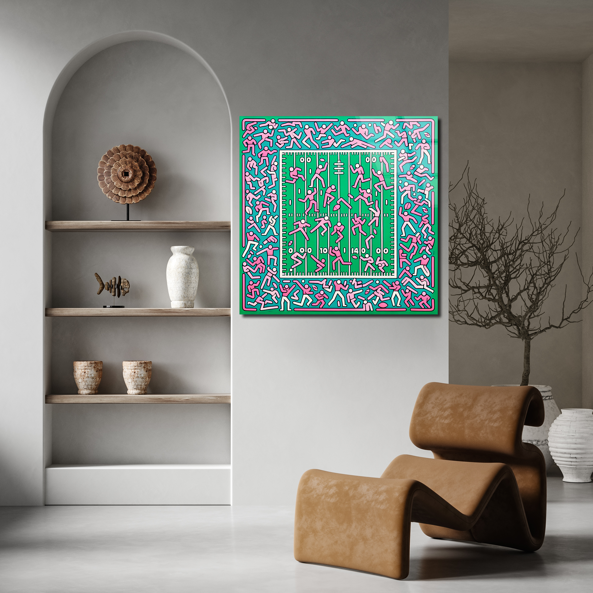 Whimsical Green & Pink Abstract Inspired by Keith Haring | Premium HD Metal Wall Art