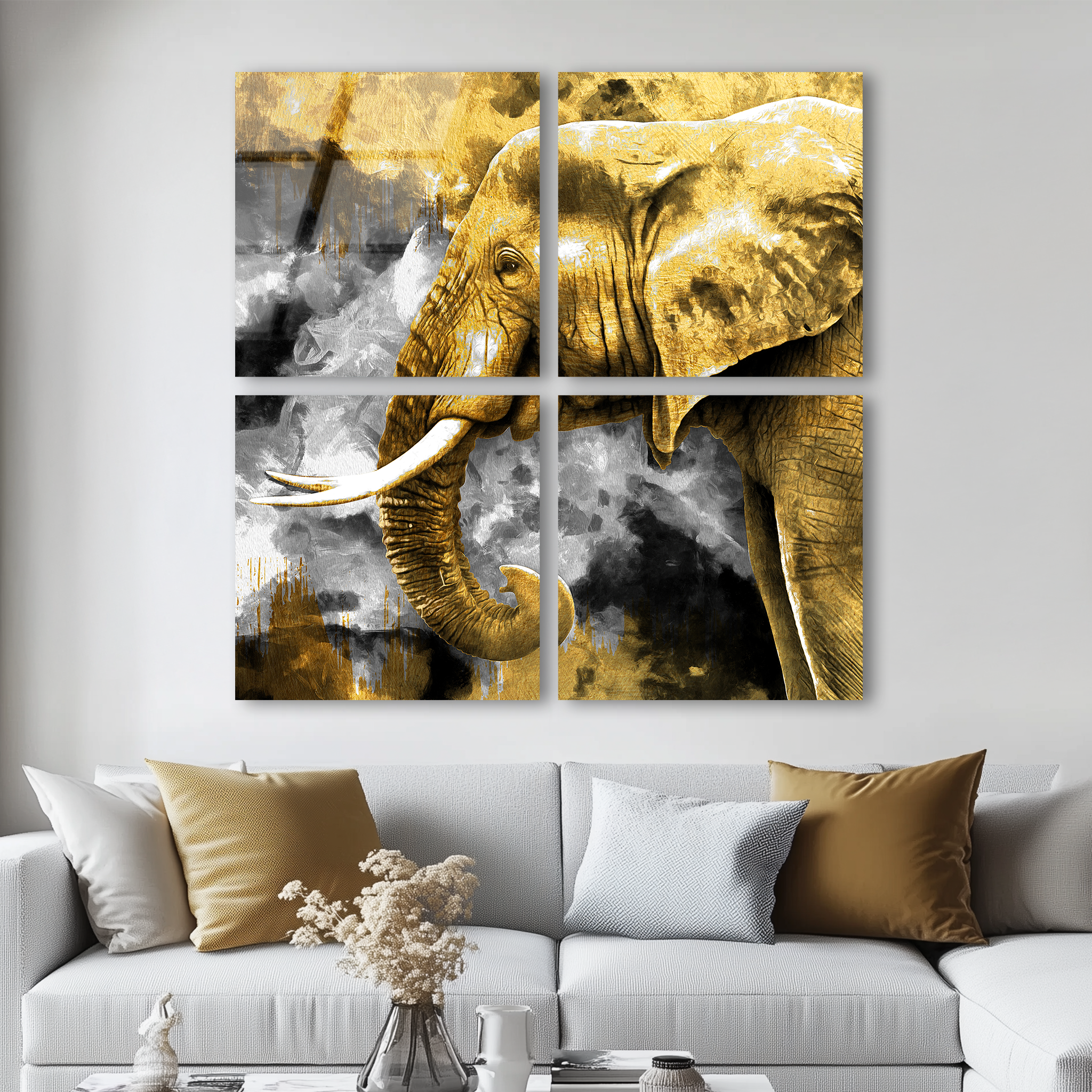 Mega Size Gold Elephant Quatro | Premium HD Metal Wall Art