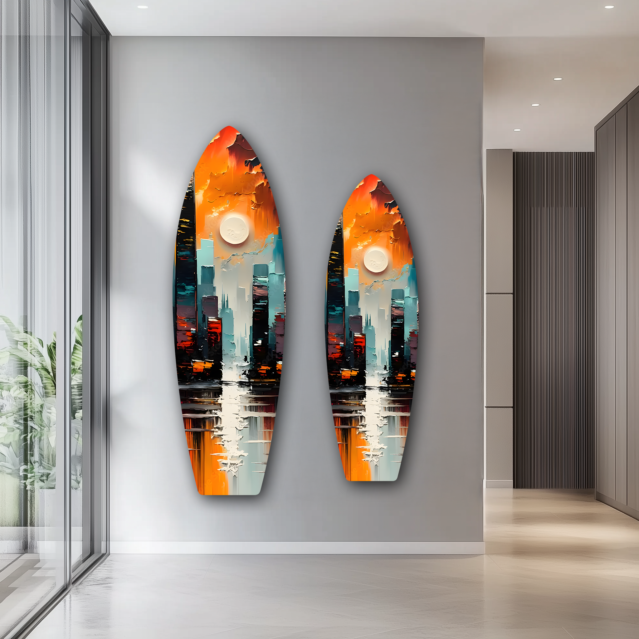 Abstract Colorful City Surfboard | Premium HD Metal Wall Art