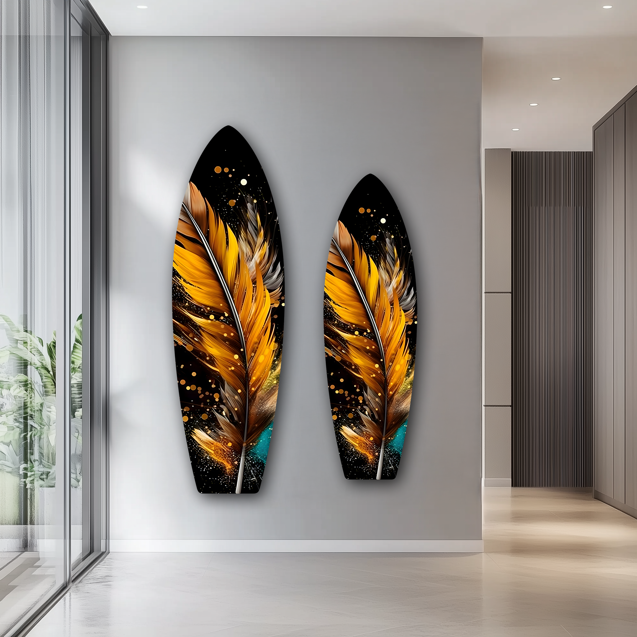 Gold Feather Surfboard | Premium HD Metal Wall Art