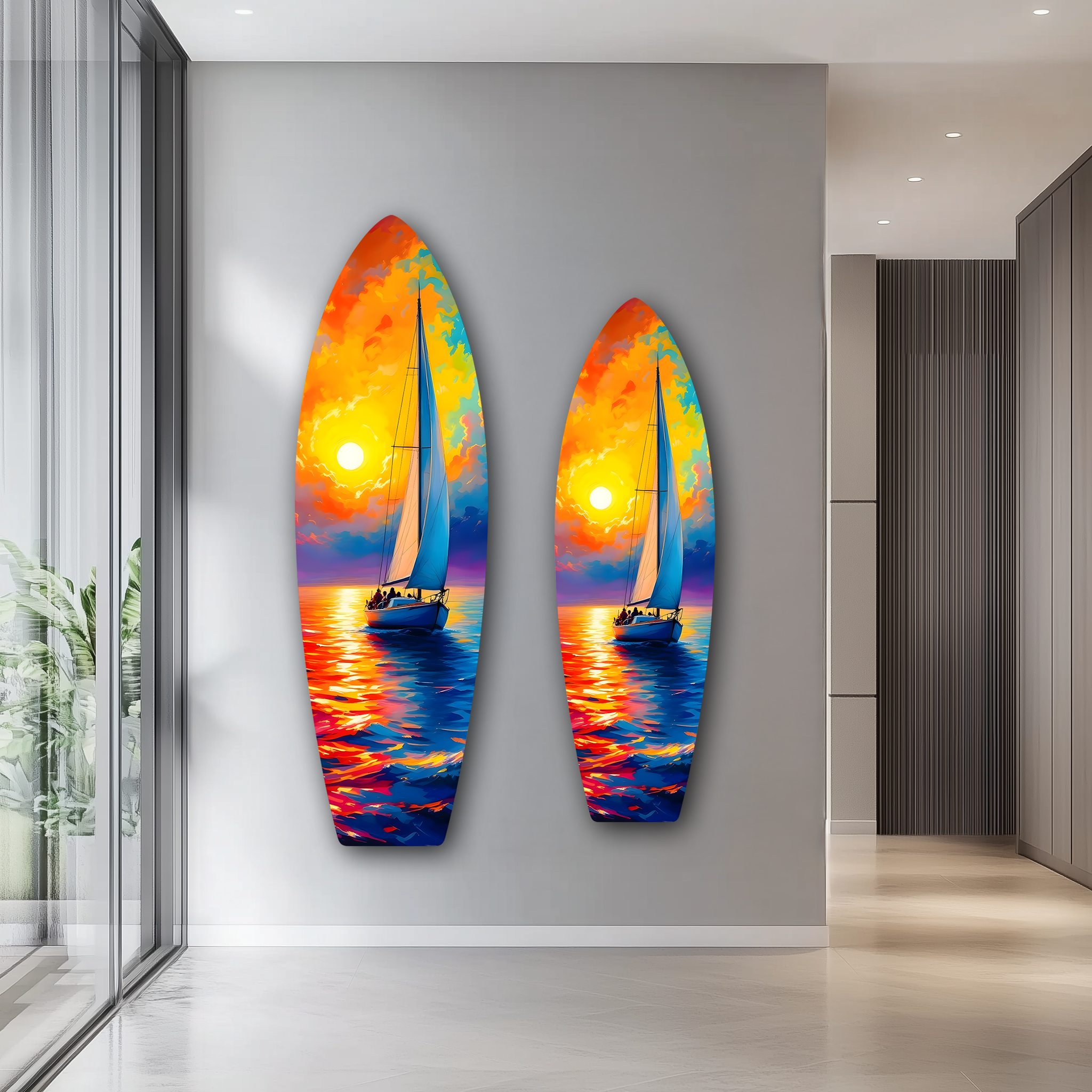 Colorful Boat on the Sea Surfboard | Premium HD Metal Wall Art