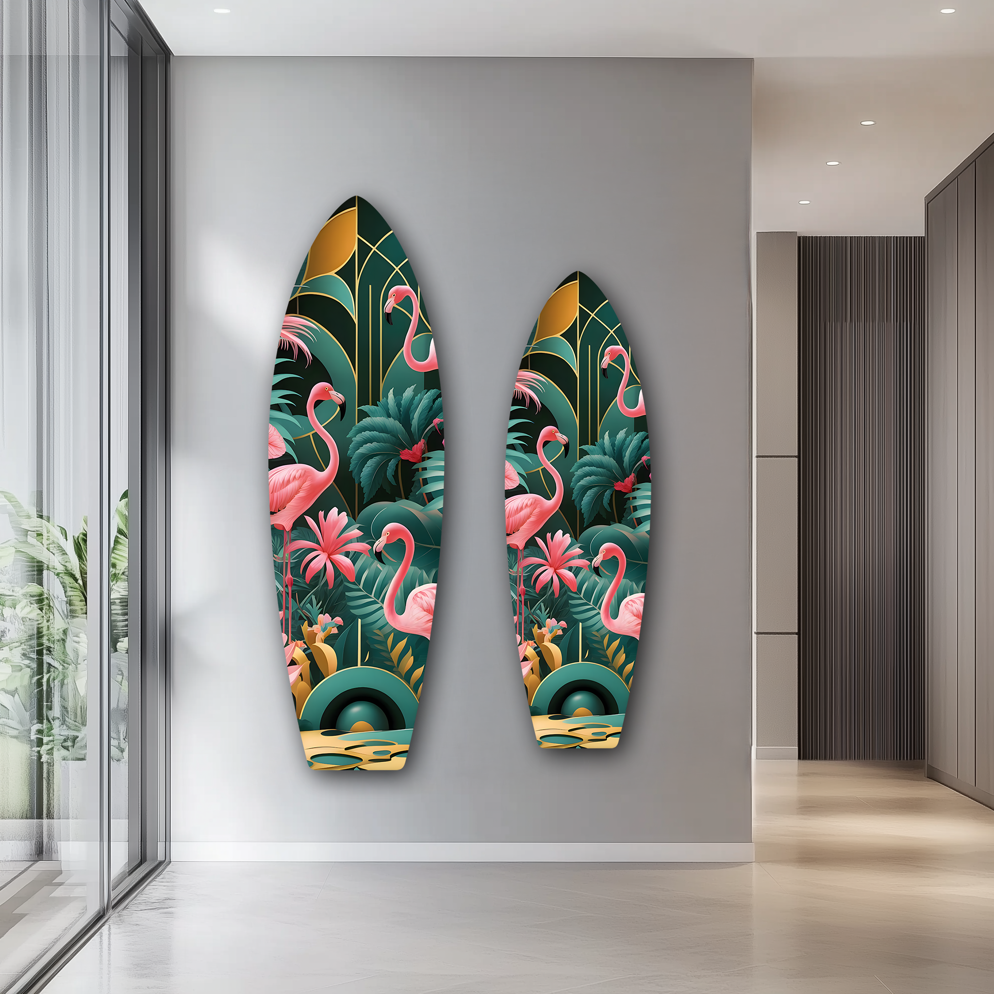 Colorful Flamingo Surfboard | Premium HD Metal Wall Art